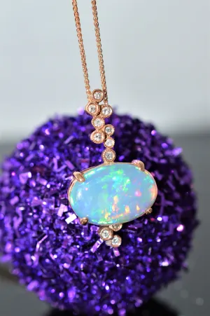 14K Rose Gold Diamond and Oval Ethiopian Opal Pendant