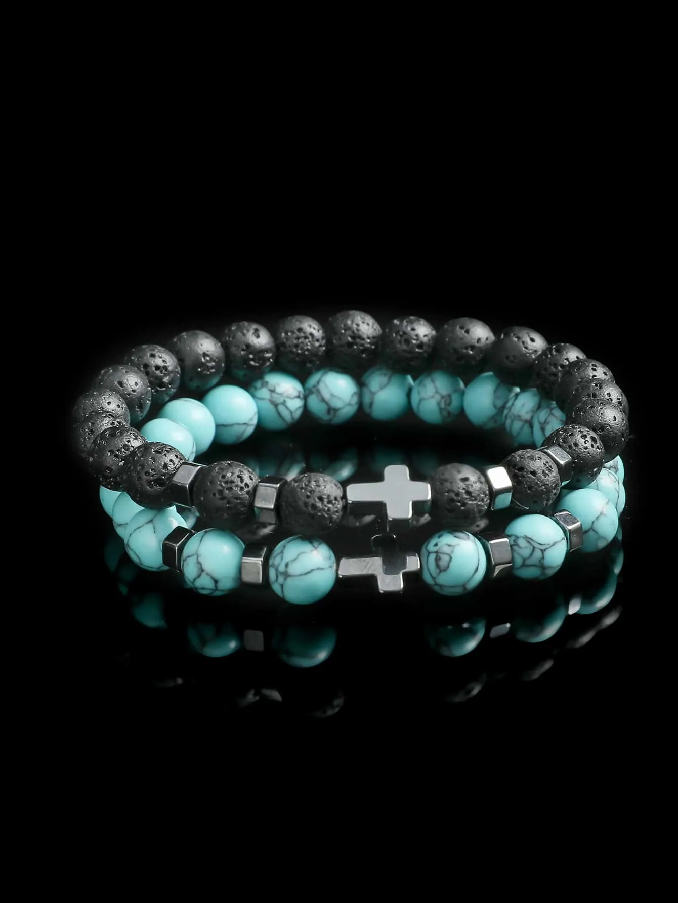2pcs Lava Black Turquoise Cross Decor Beaded Bracelet Bead-string Bracelet