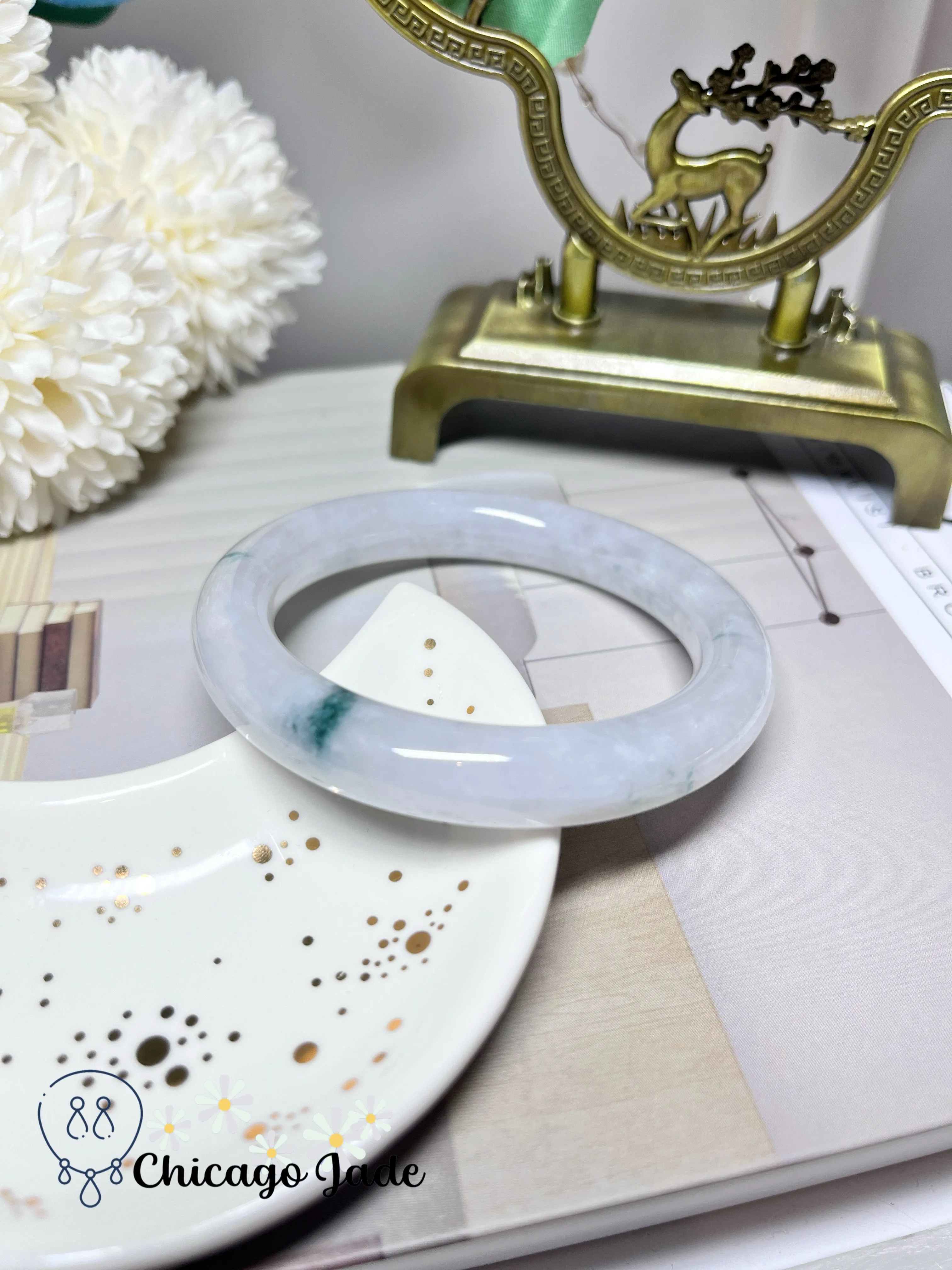 57.2mm Size M Icy Translucent High Quality Round Jadeite Jade Feicui Bangle Handmade Gift