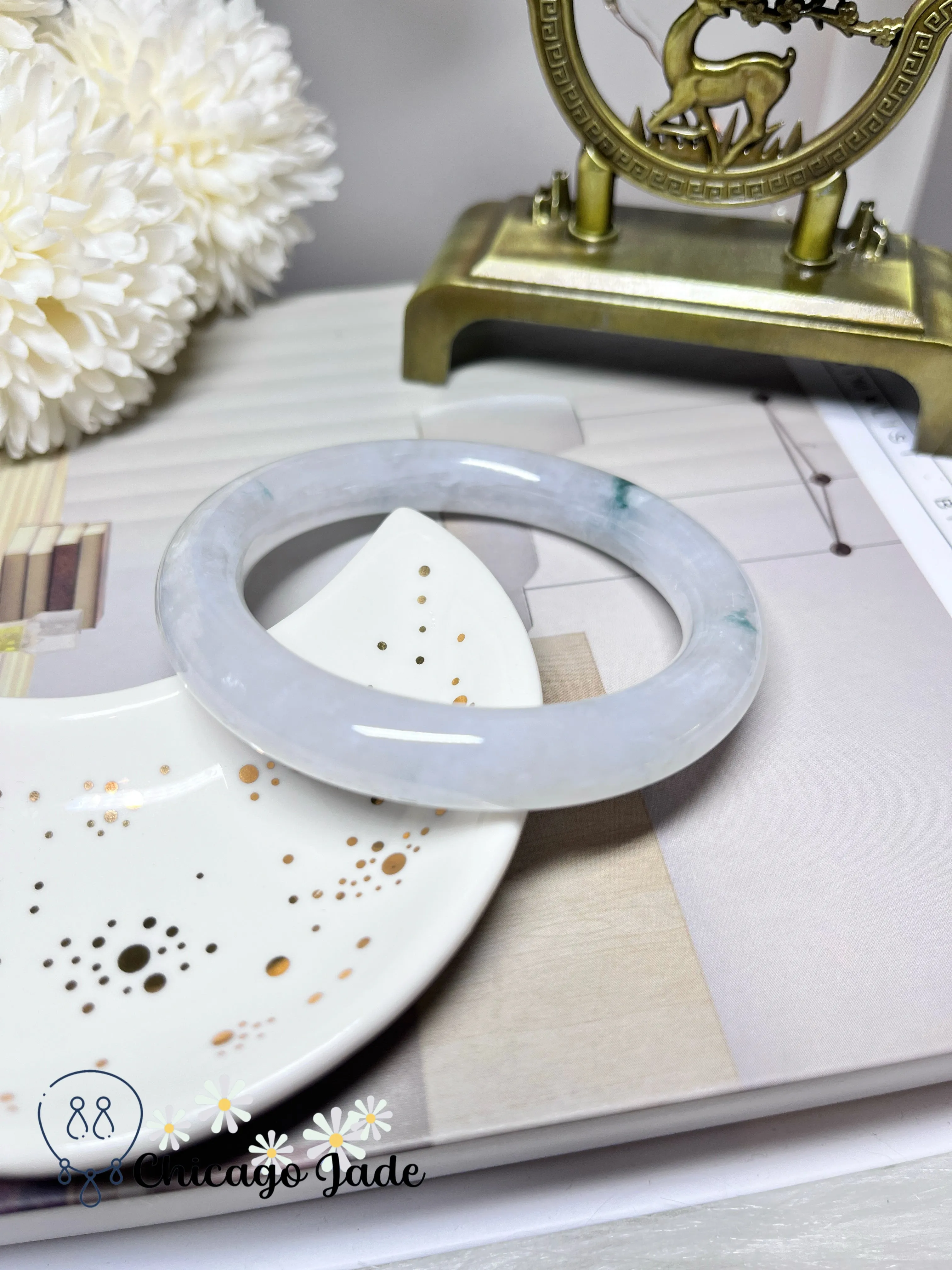 57.2mm Size M Icy Translucent High Quality Round Jadeite Jade Feicui Bangle Handmade Gift