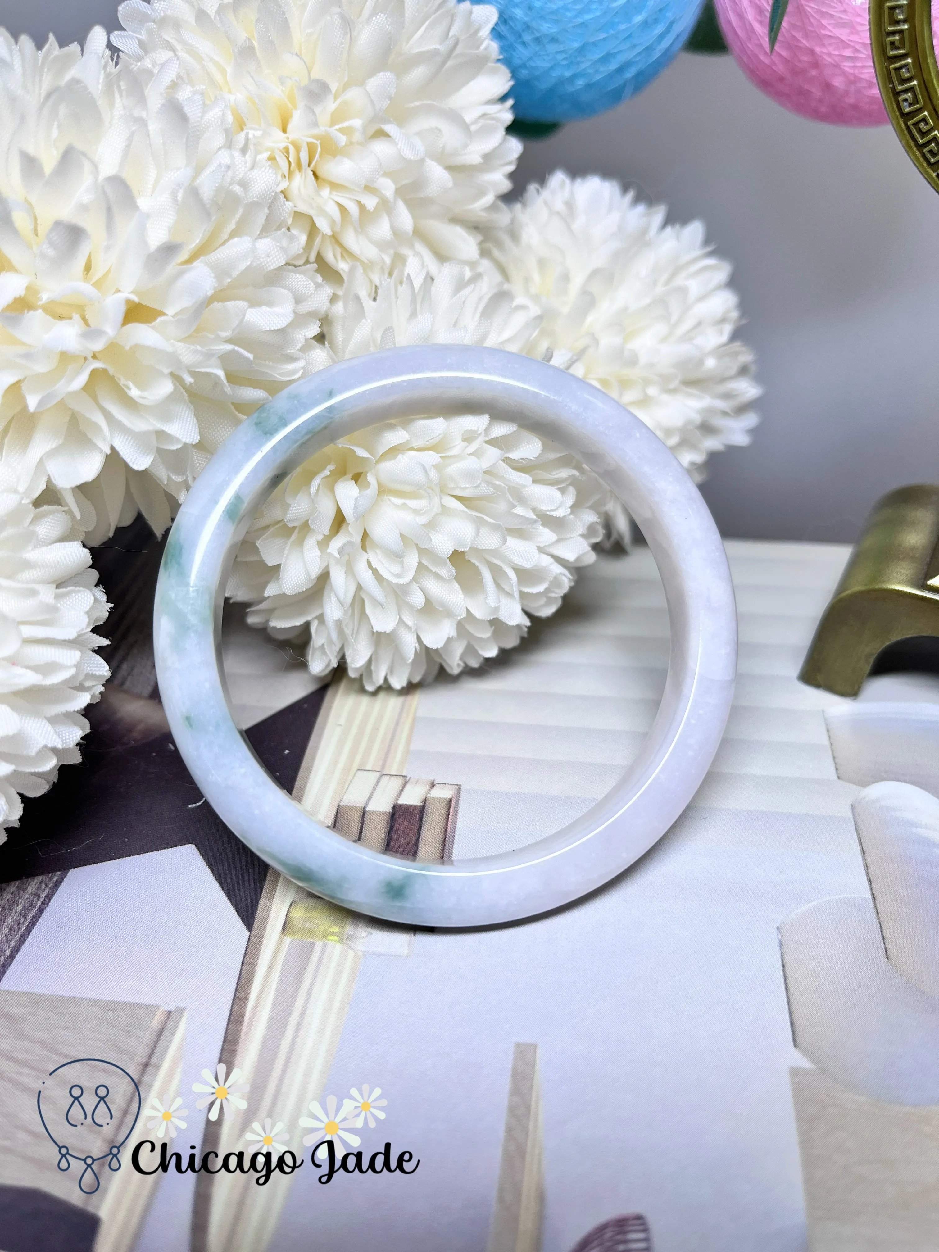 57.2mm Size M Porcelain White with Green Flowers Natural Authentic Jadeite Jade Feicui Bangle Certified Burma Handmade