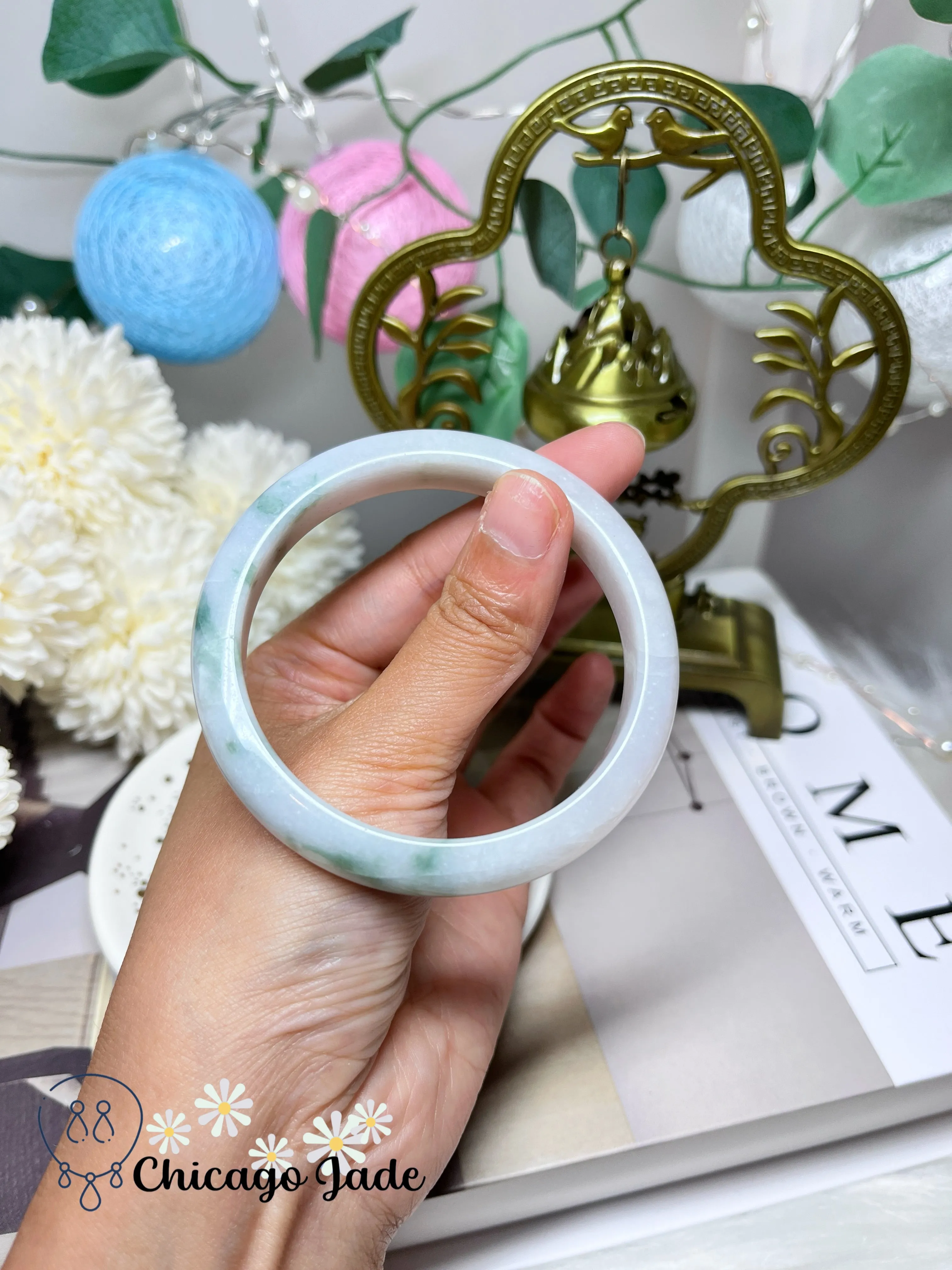 57.2mm Size M Porcelain White with Green Flowers Natural Authentic Jadeite Jade Feicui Bangle Certified Burma Handmade