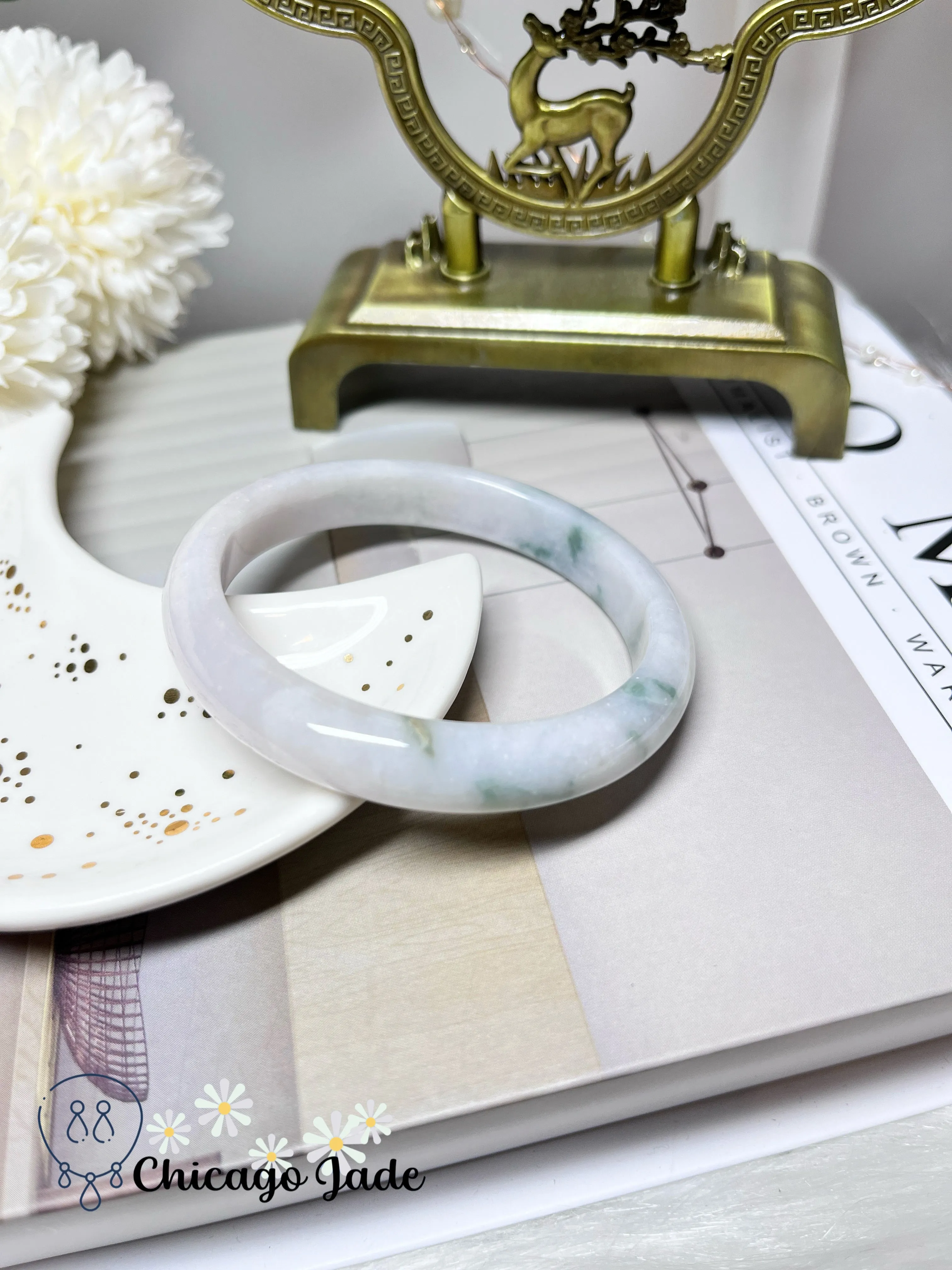 57.2mm Size M Porcelain White with Green Flowers Natural Authentic Jadeite Jade Feicui Bangle Certified Burma Handmade