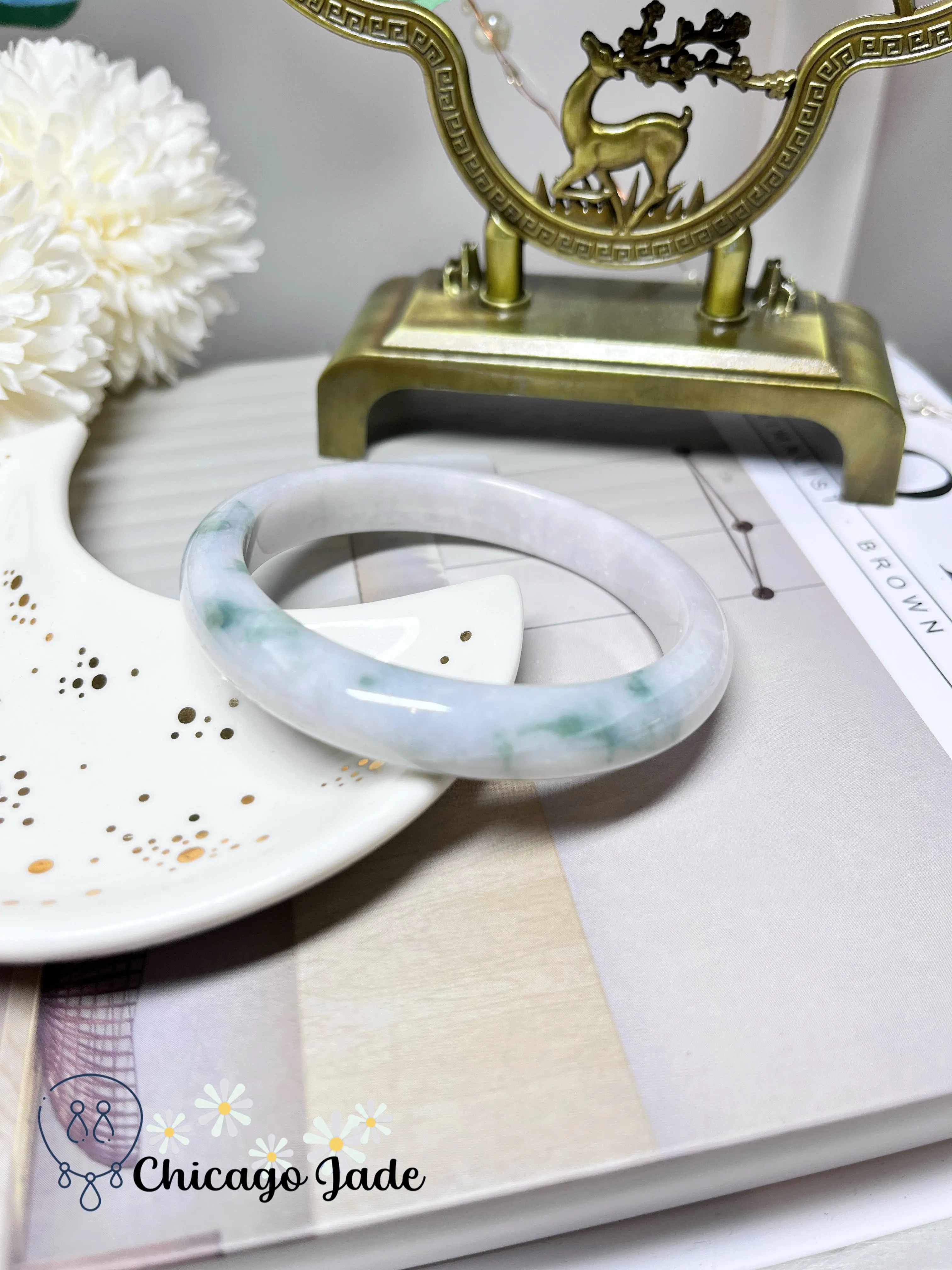 57.2mm Size M Porcelain White with Green Flowers Natural Authentic Jadeite Jade Feicui Bangle Certified Burma Handmade