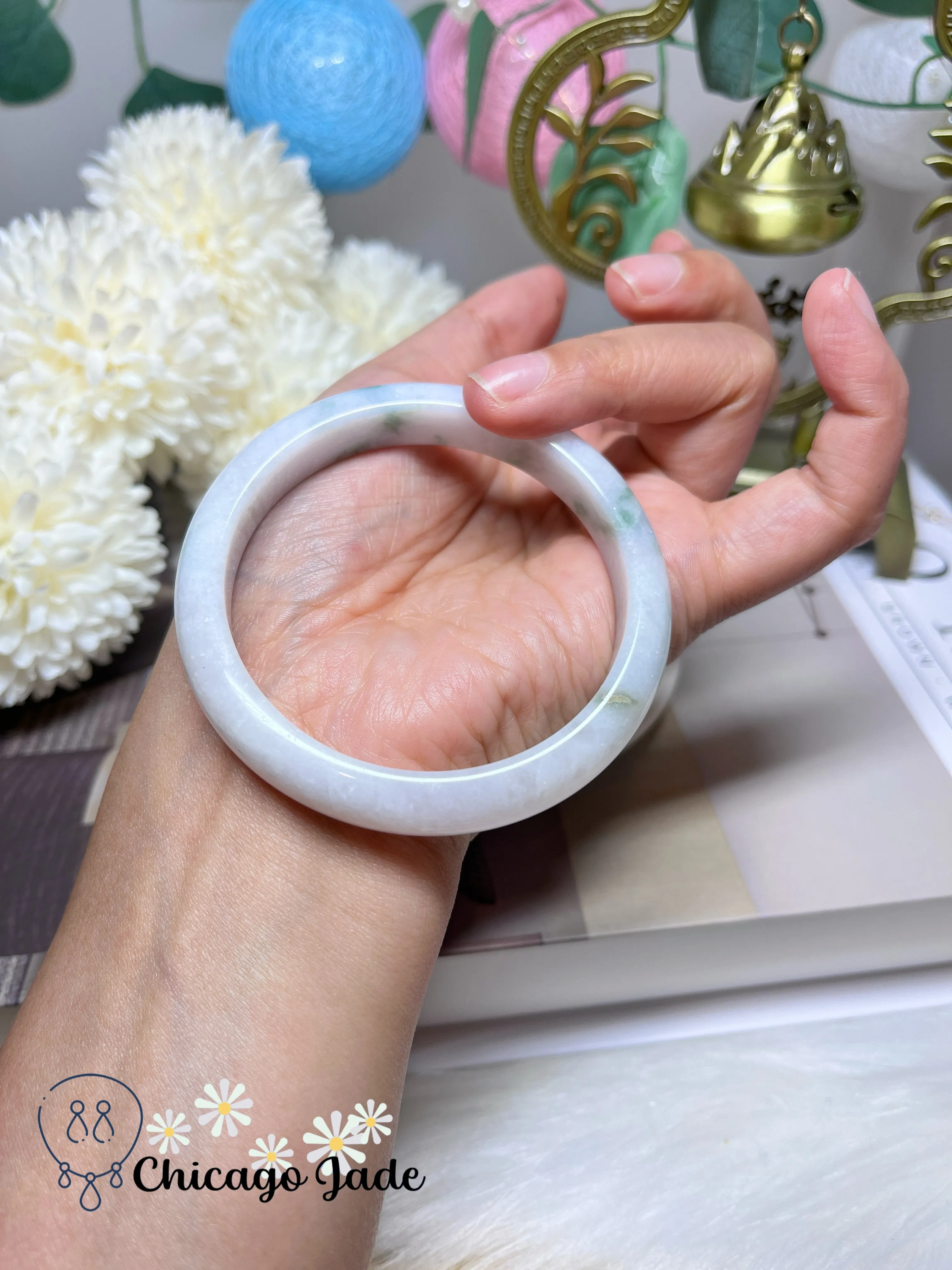 57.2mm Size M Porcelain White with Green Flowers Natural Authentic Jadeite Jade Feicui Bangle Certified Burma Handmade