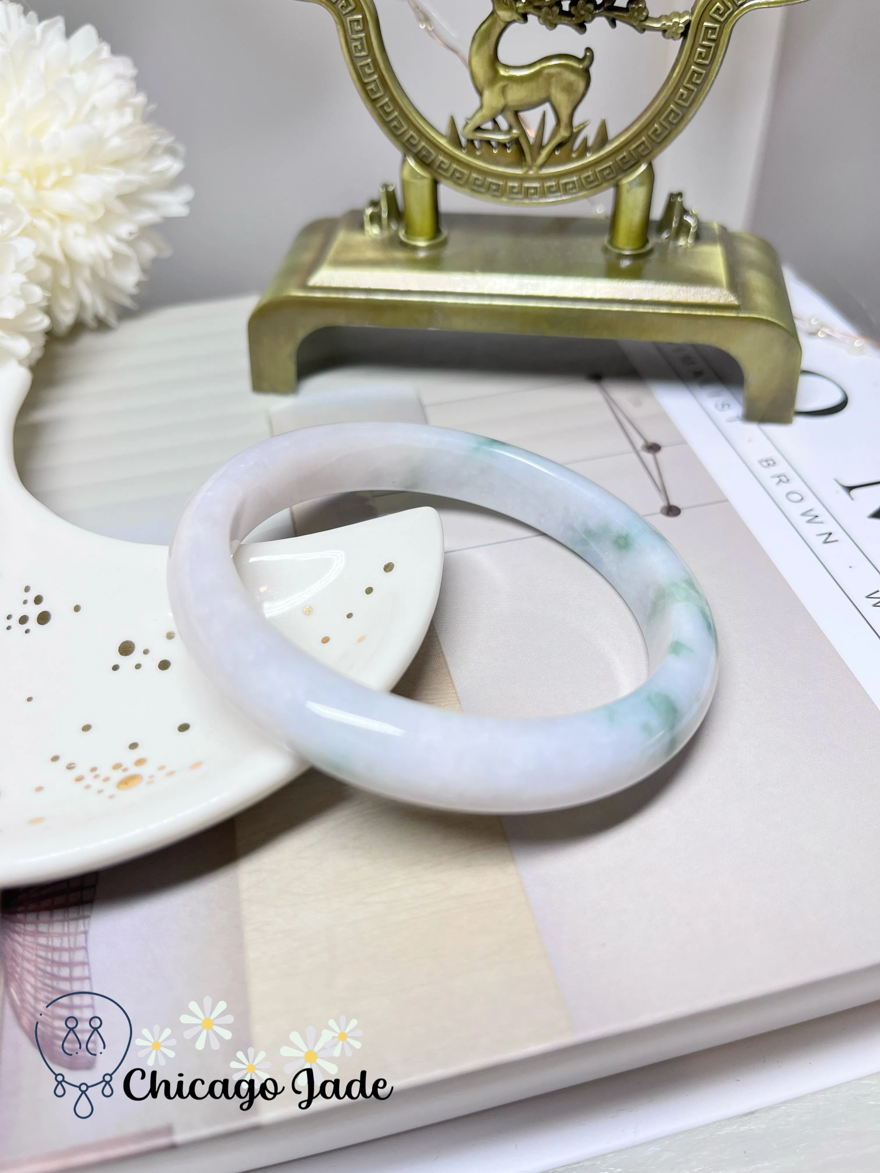 57.2mm Size M Porcelain White with Green Flowers Natural Authentic Jadeite Jade Feicui Bangle Certified Burma Handmade