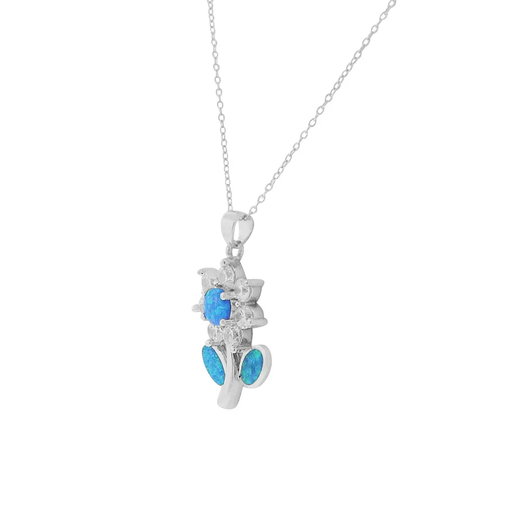 925 Sterling Silver Blue Simulated Opal CZ Large Statement Flower Pendant Necklace