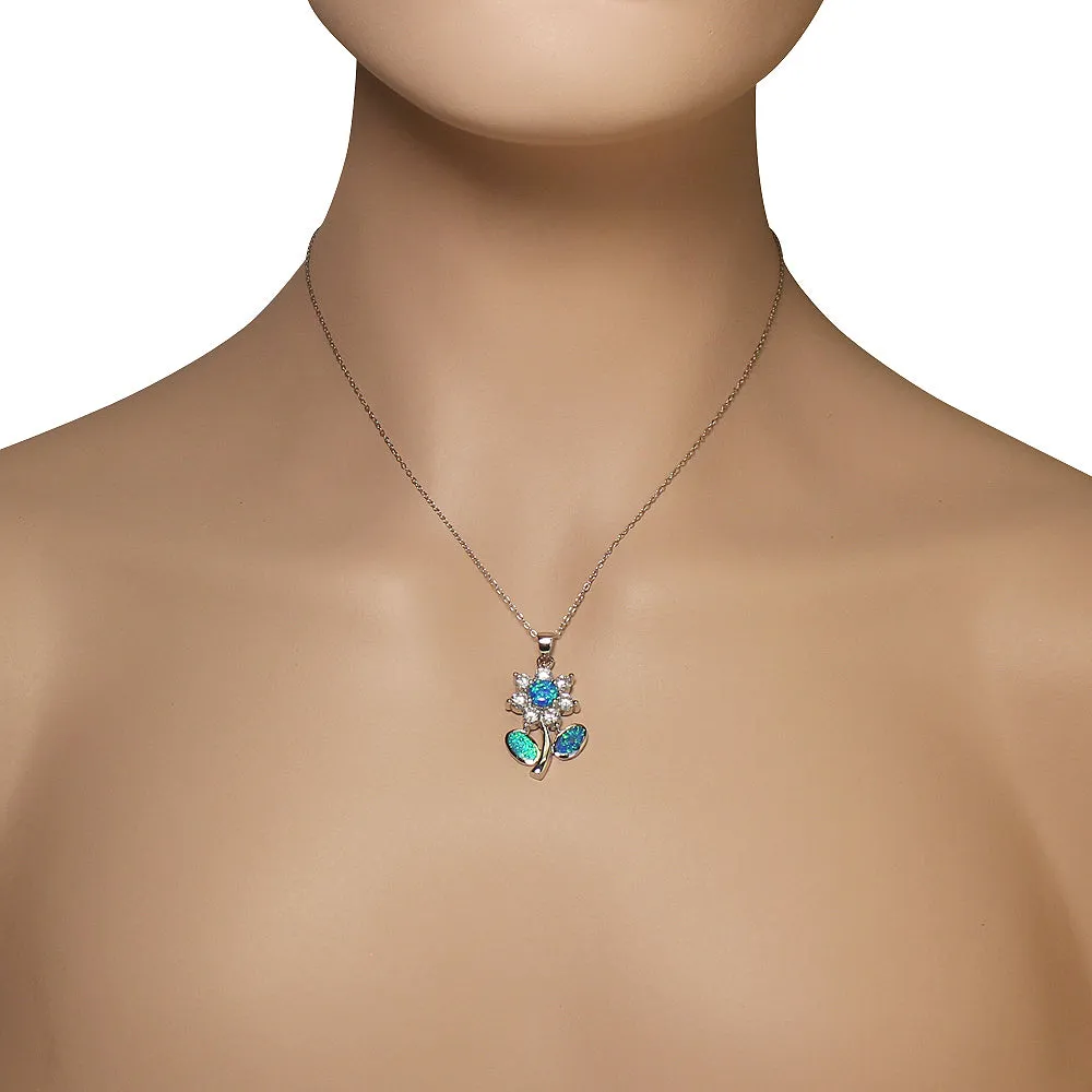 925 Sterling Silver Blue Simulated Opal CZ Large Statement Flower Pendant Necklace