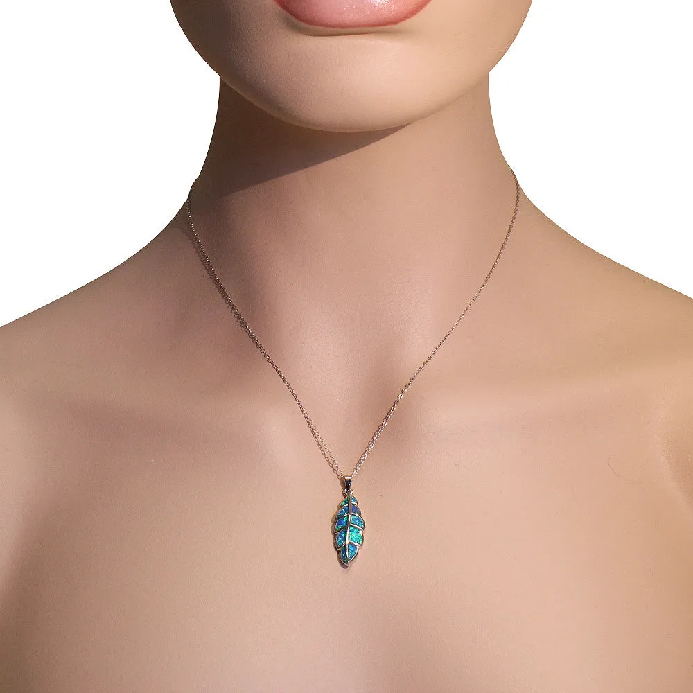 925 Sterling Silver Blue Simulated Opal Feather Leaf Pendant Necklace