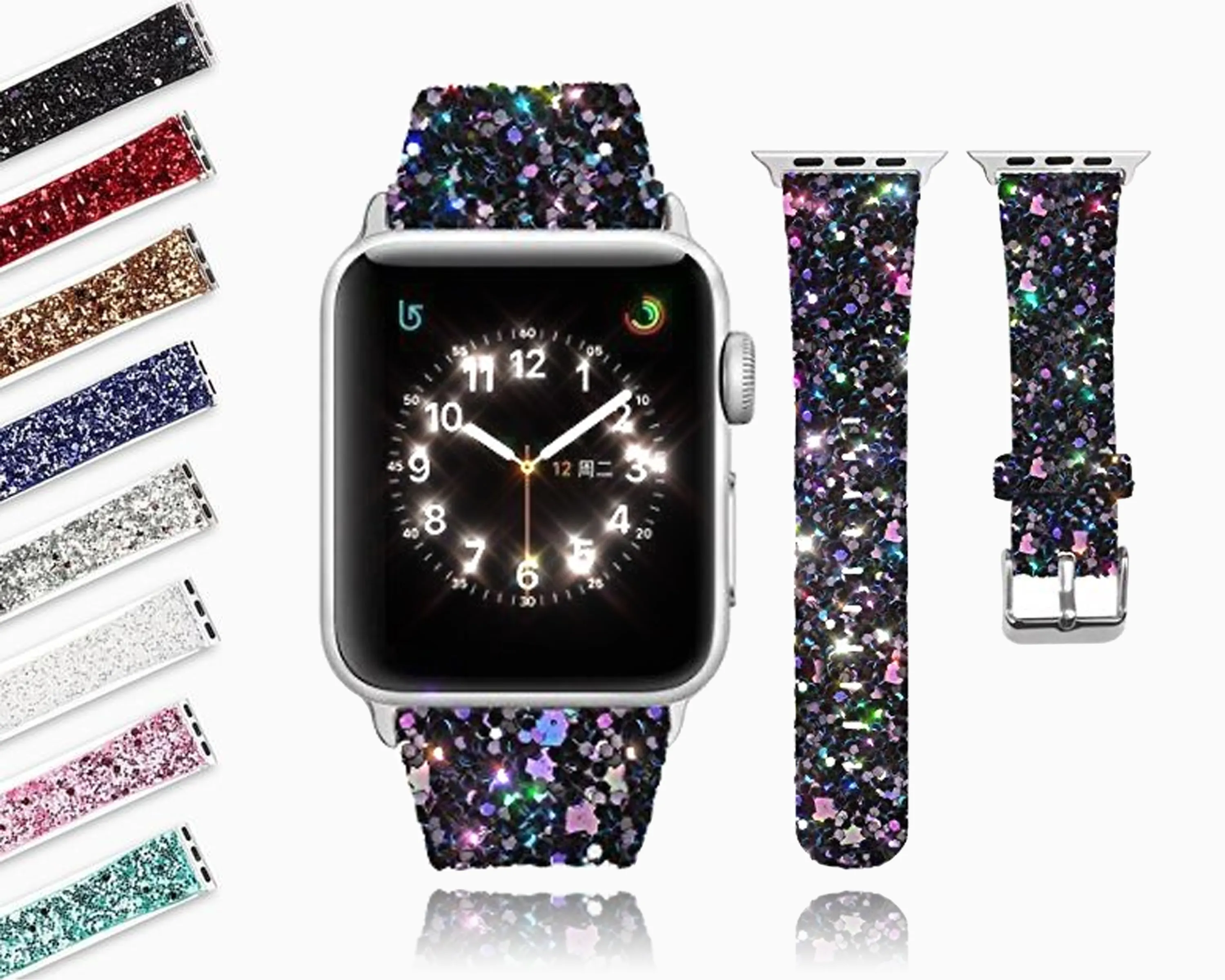 Apple Watch Band Glitter Bling Leather Silver Adapter Watchbands