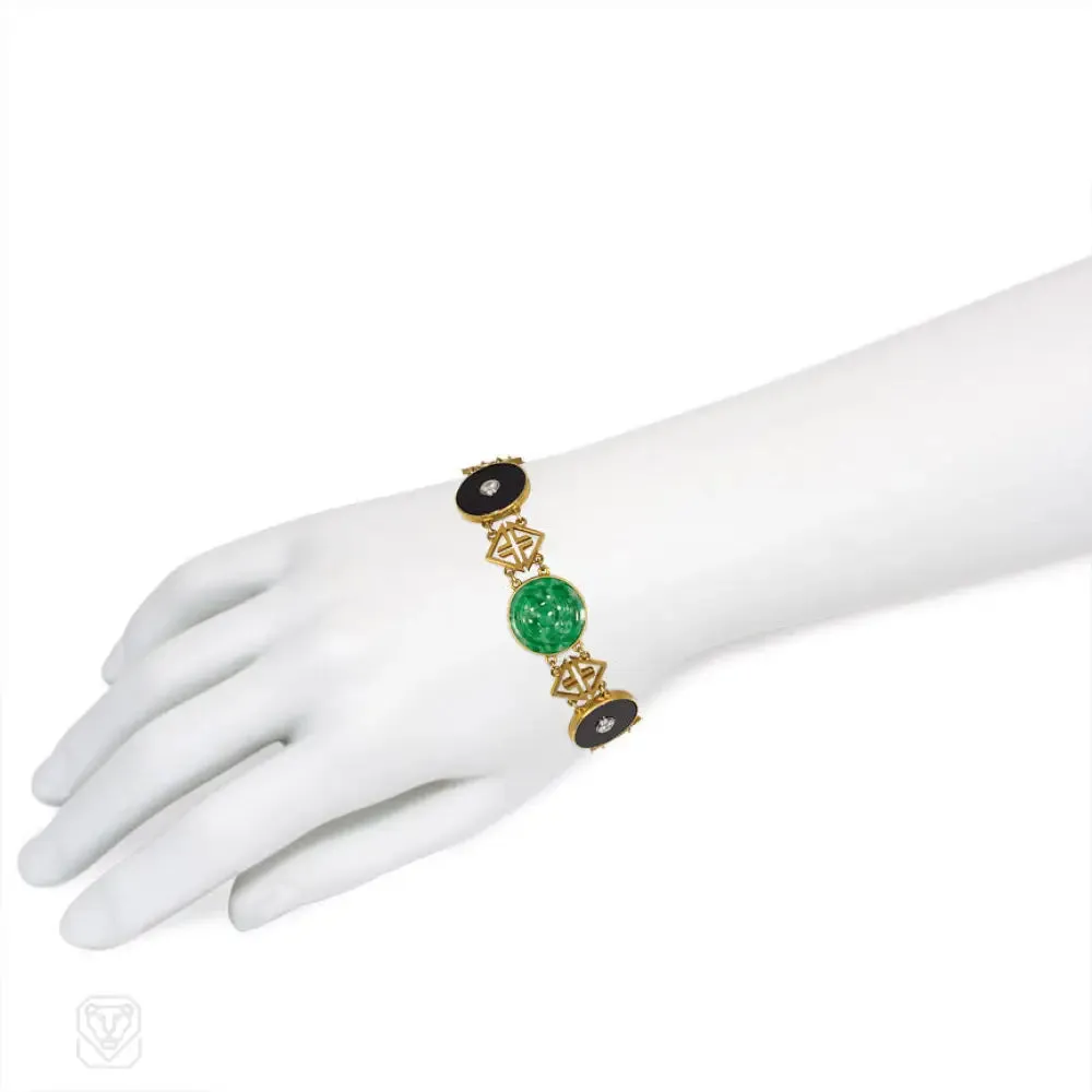 Art Deco gold, jade, and onyx link bracelet.  Tiffany