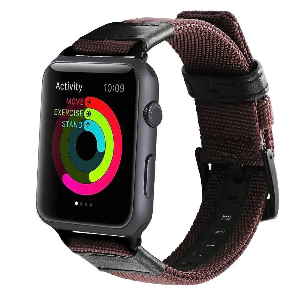 Black Space Grey Apple Watch Band Nylon Canvas Tactical Leather Strap