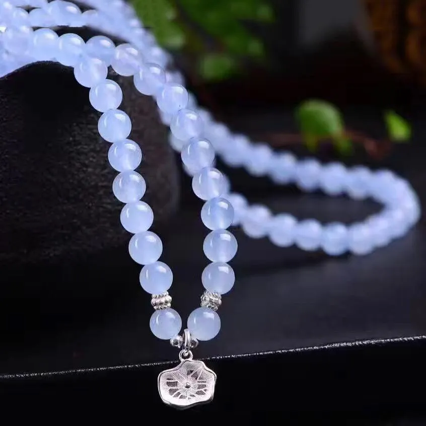 Blue Crystal Bracelets Round Beads Lucky with Silver Flower Pendant