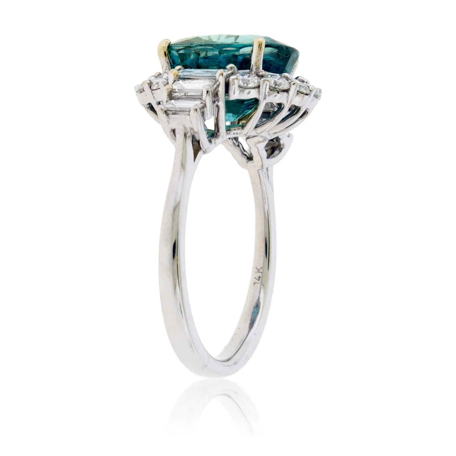 Blue Zircon, Diamond Halo and Baguette Diamond Accented Ring