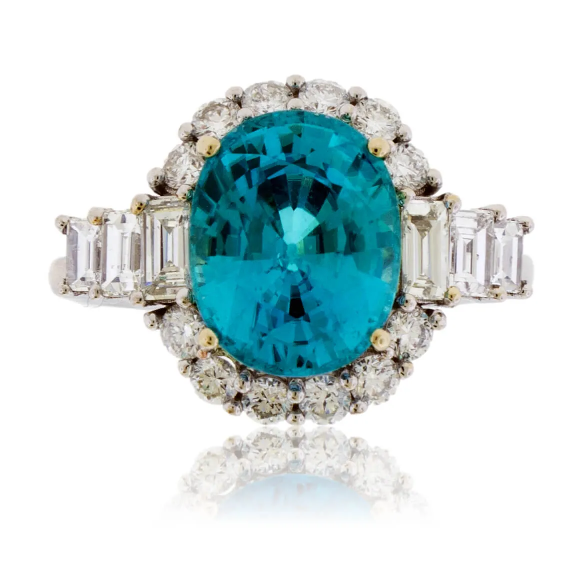Blue Zircon, Diamond Halo and Baguette Diamond Accented Ring