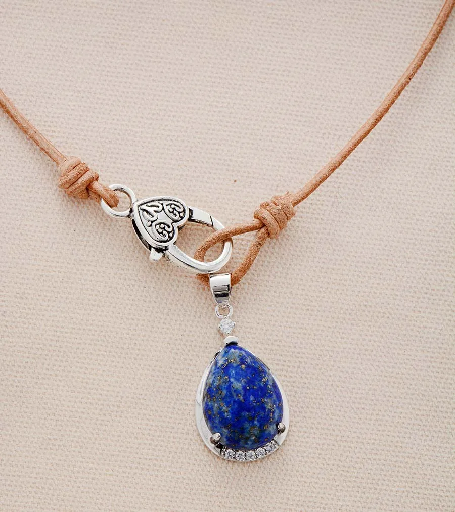 Boho Necklace,Lapis Lazuli  Pendant Leather