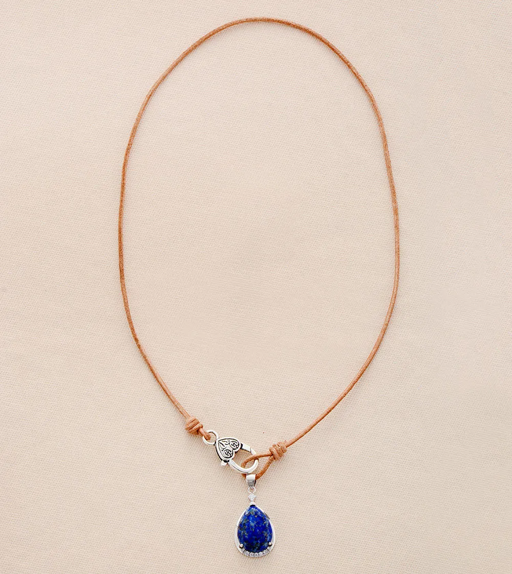Boho Necklace,Lapis Lazuli  Pendant Leather