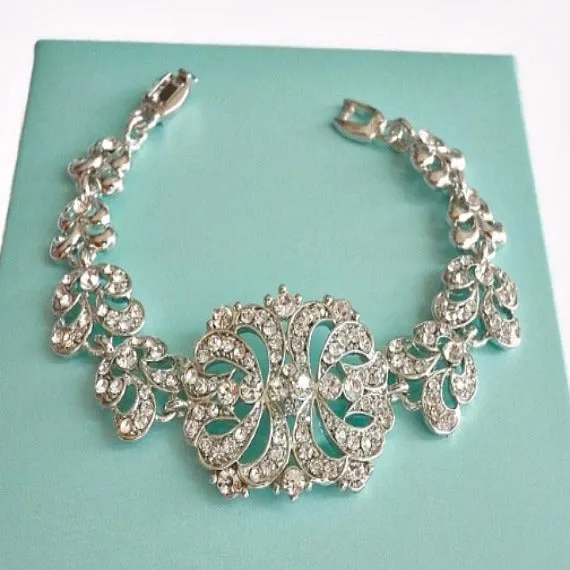 Bridal Bracelet, Wedding Bracelet, Silver Art Deco Baguette Rhinestone Bracelet, Wedding Accessory, Bridesmaid Bracelet, Filigree Bracelet