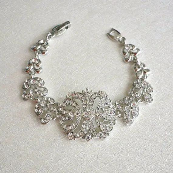 Bridal Bracelet, Wedding Bracelet, Silver Art Deco Baguette Rhinestone Bracelet, Wedding Accessory, Bridesmaid Bracelet, Filigree Bracelet