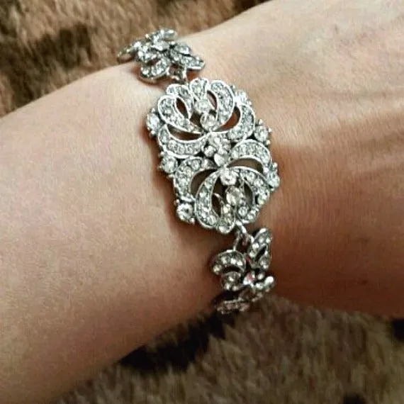 Bridal Bracelet, Wedding Bracelet, Silver Art Deco Baguette Rhinestone Bracelet, Wedding Accessory, Bridesmaid Bracelet, Filigree Bracelet