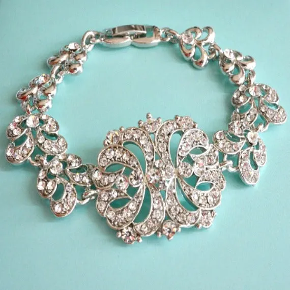 Bridal Bracelet, Wedding Bracelet, Silver Art Deco Baguette Rhinestone Bracelet, Wedding Accessory, Bridesmaid Bracelet, Filigree Bracelet