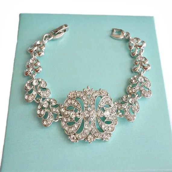 Bridal Bracelet, Wedding Bracelet, Silver Art Deco Baguette Rhinestone Bracelet, Wedding Accessory, Bridesmaid Bracelet, Filigree Bracelet