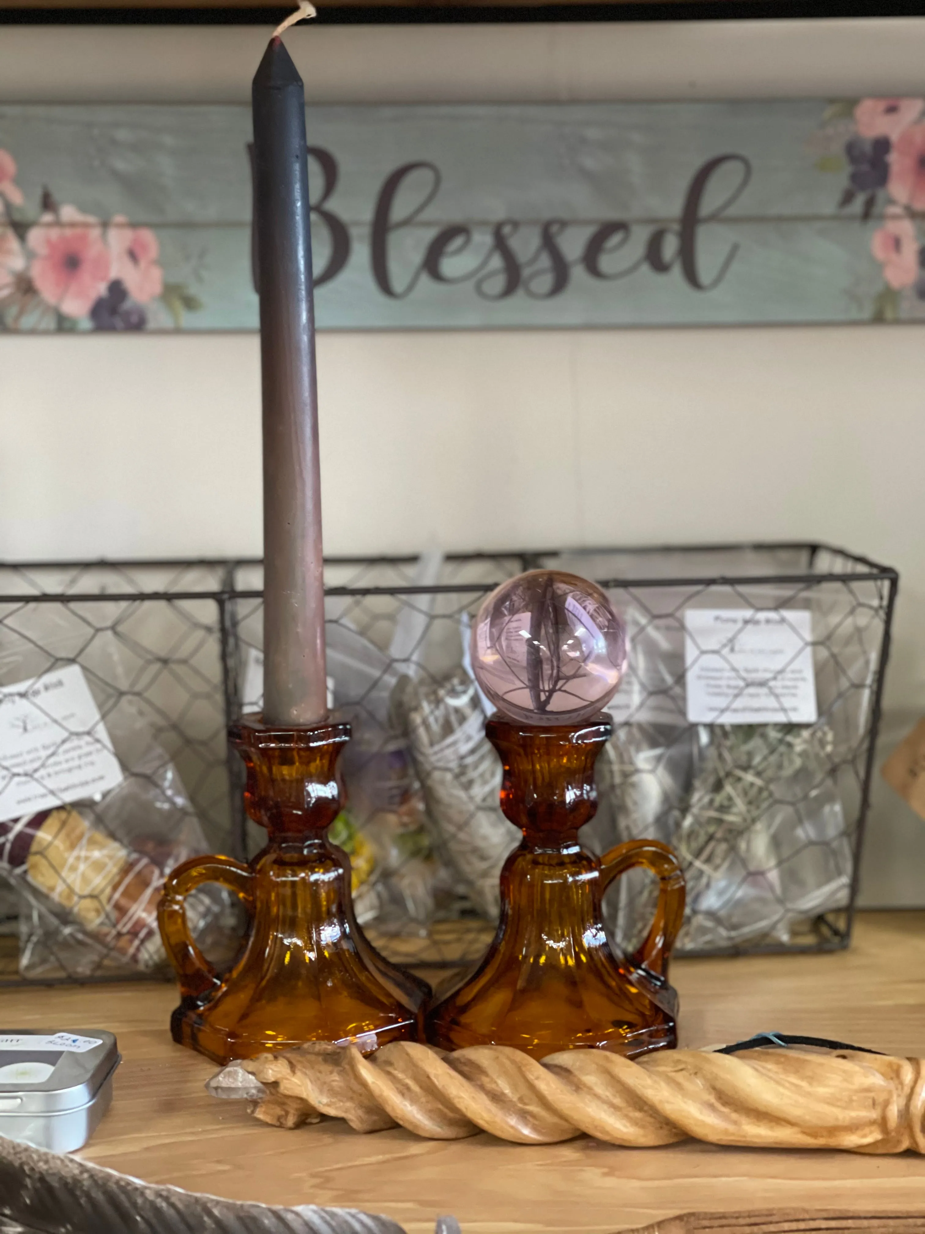 Candleholder Amber Glass Pair used