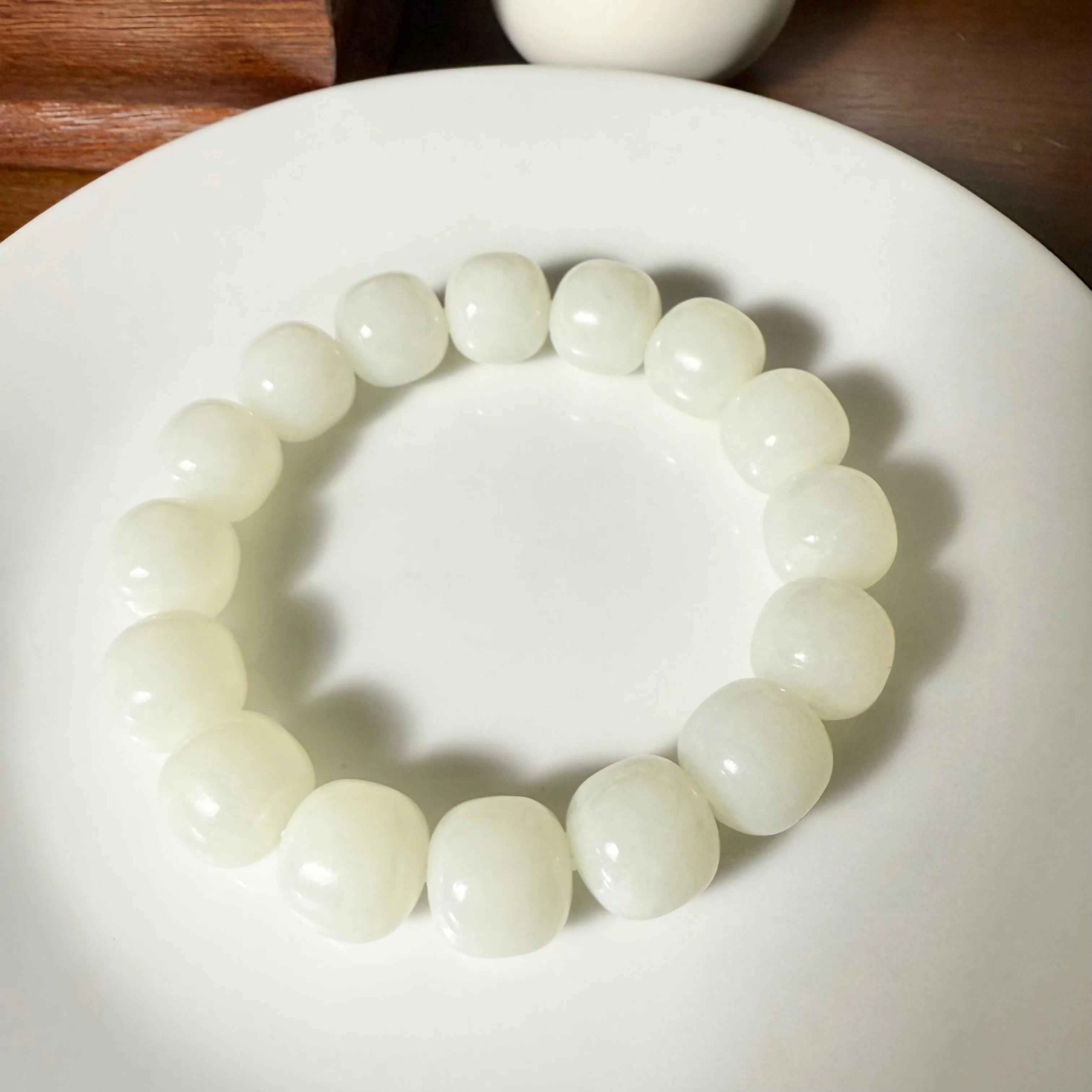 Certified genuine white Hetian jade nephrite jade Bracelet - 13 mm beads 7 inch length