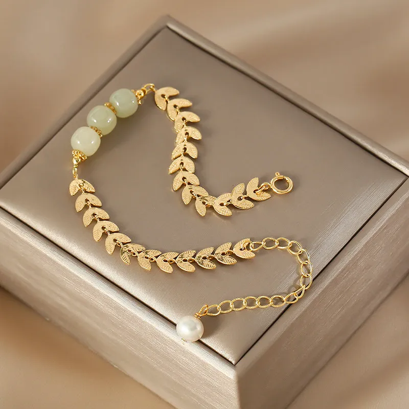 Charm Wheat Shaped Womens Jade Bead Bracelet 14k Gold Plated Bracelet With A Pearl