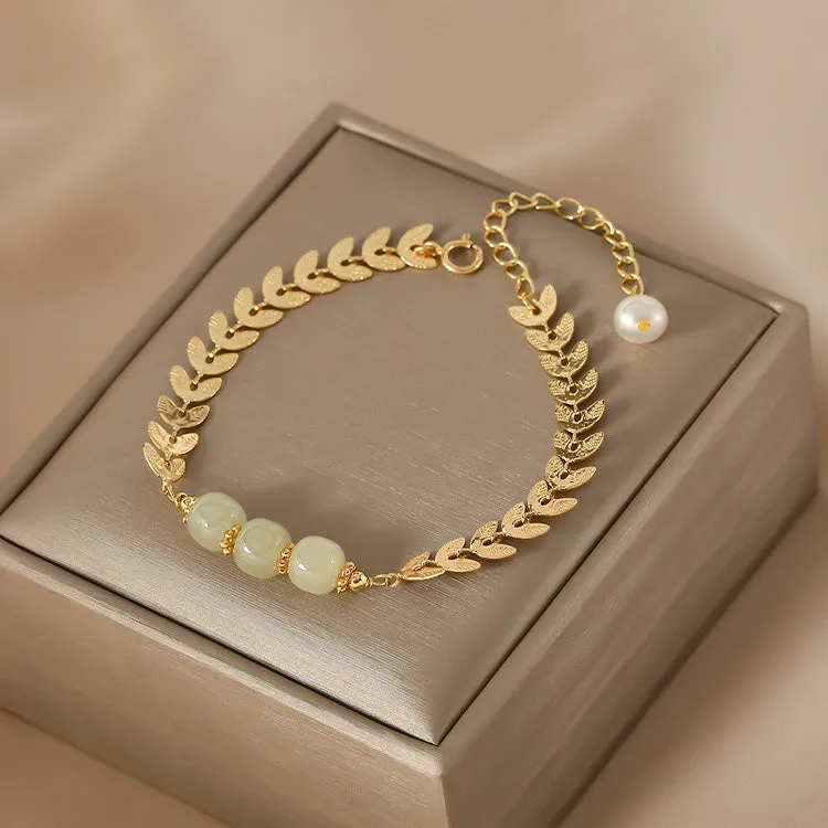 Charm Wheat Shaped Womens Jade Bead Bracelet 14k Gold Plated Bracelet With A Pearl