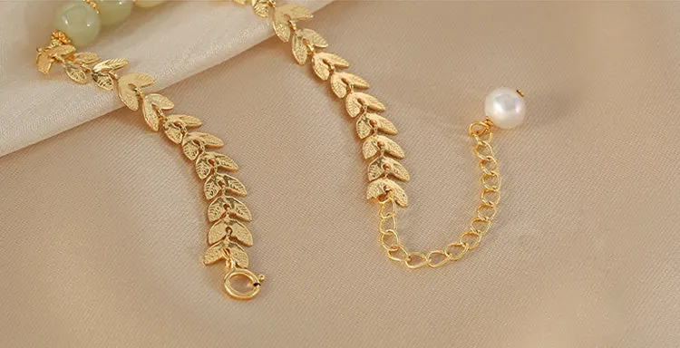 Charm Wheat Shaped Womens Jade Bead Bracelet 14k Gold Plated Bracelet With A Pearl