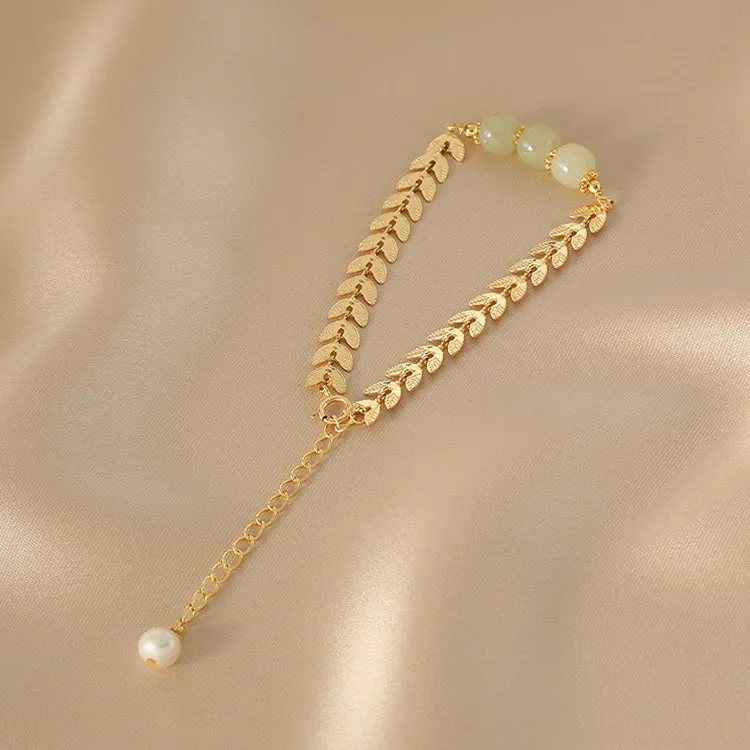 Charm Wheat Shaped Womens Jade Bead Bracelet 14k Gold Plated Bracelet With A Pearl