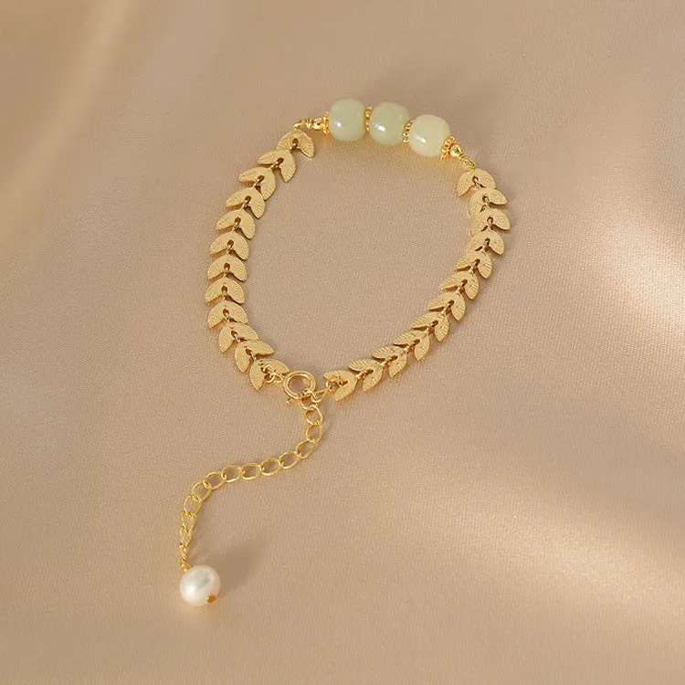 Charm Wheat Shaped Womens Jade Bead Bracelet 14k Gold Plated Bracelet With A Pearl