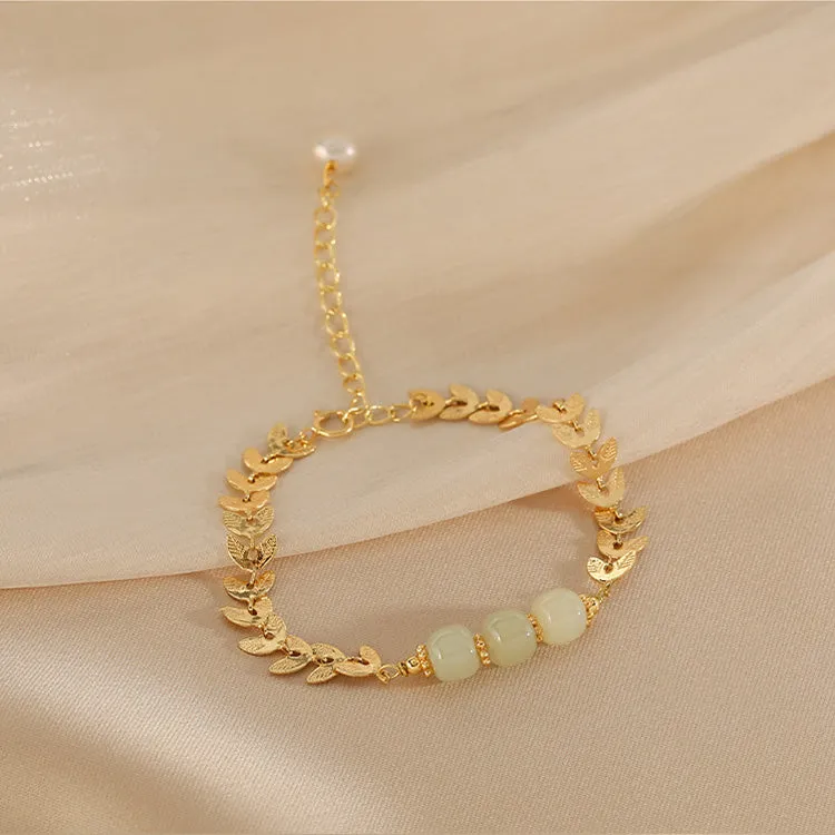 Charm Wheat Shaped Womens Jade Bead Bracelet 14k Gold Plated Bracelet With A Pearl