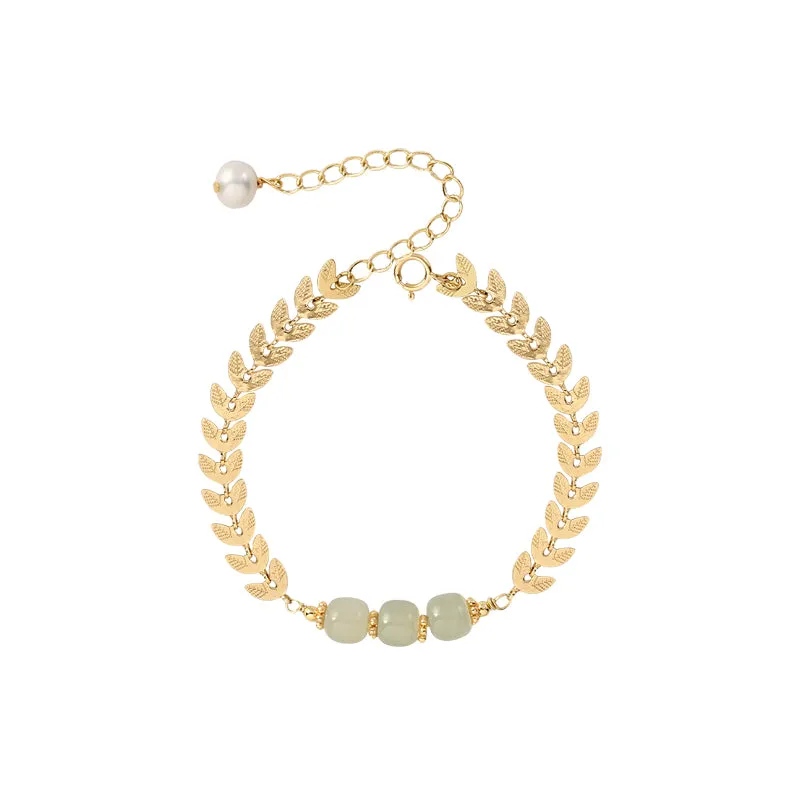 Charm Wheat Shaped Womens Jade Bead Bracelet 14k Gold Plated Bracelet With A Pearl
