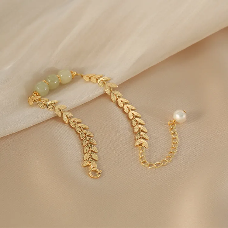 Charm Wheat Shaped Womens Jade Bead Bracelet 14k Gold Plated Bracelet With A Pearl
