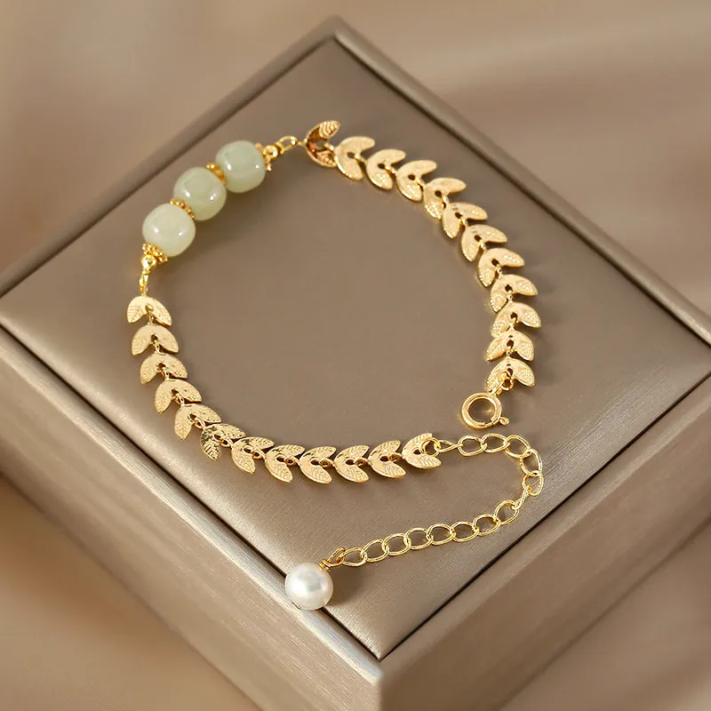 Charm Wheat Shaped Womens Jade Bead Bracelet 14k Gold Plated Bracelet With A Pearl