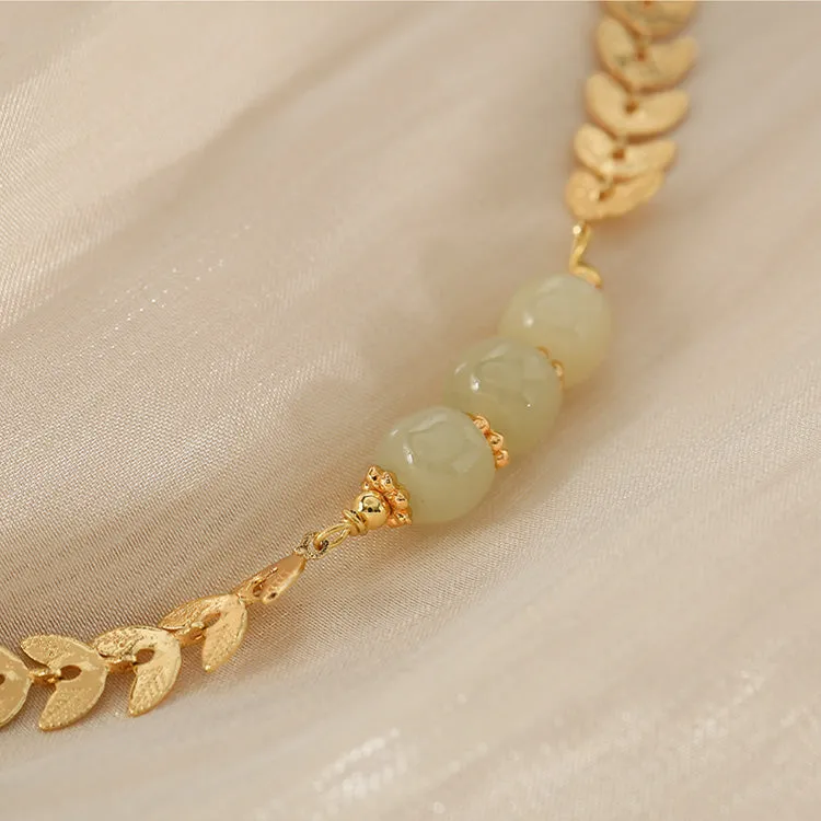 Charm Wheat Shaped Womens Jade Bead Bracelet 14k Gold Plated Bracelet With A Pearl