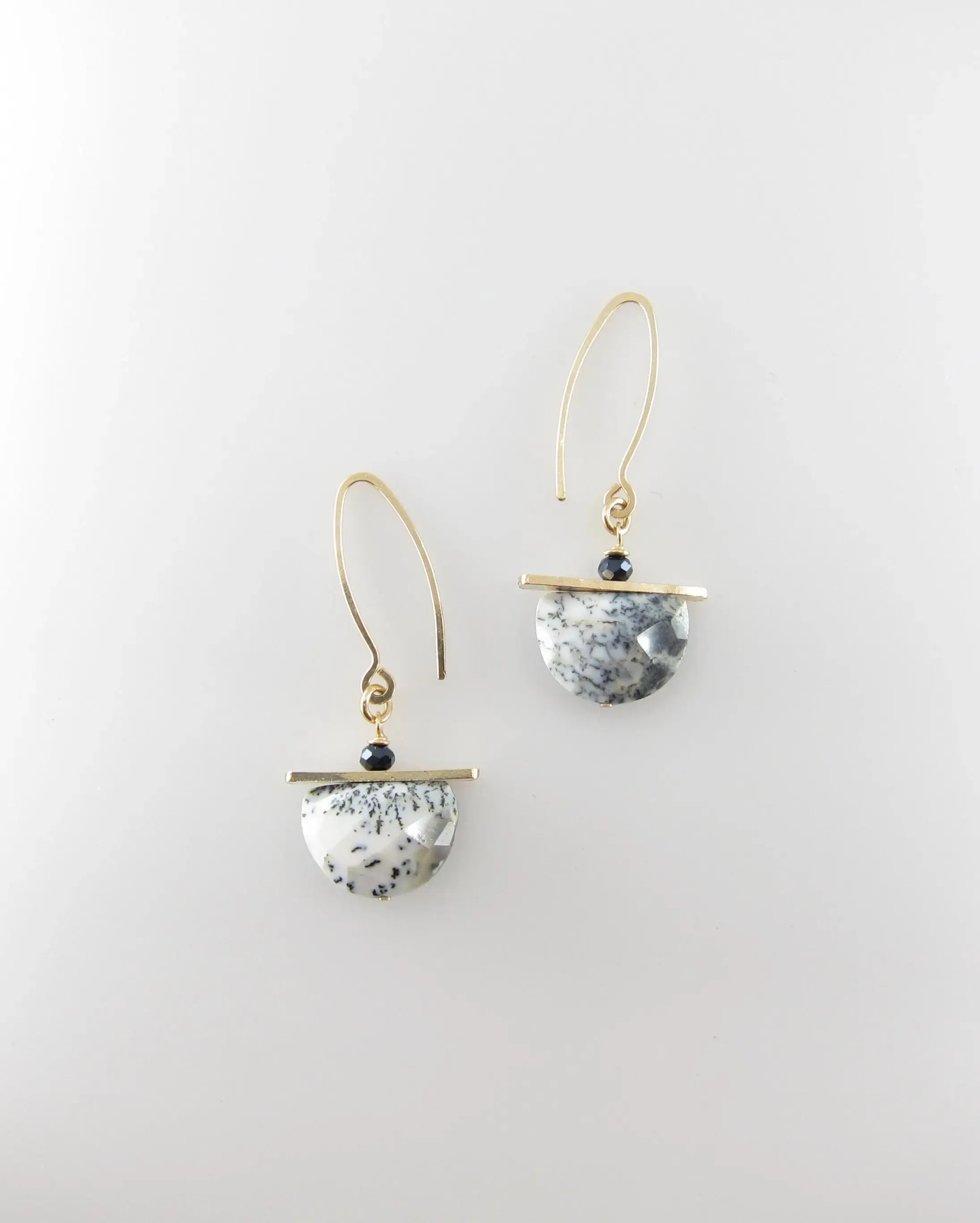 Dendrite Opal Half Moon Cut Gemstone Earrings with Forged Bar Accent