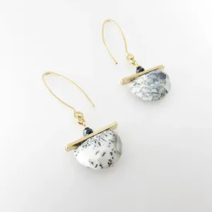 Dendrite Opal Half Moon Cut Gemstone Earrings with Forged Bar Accent