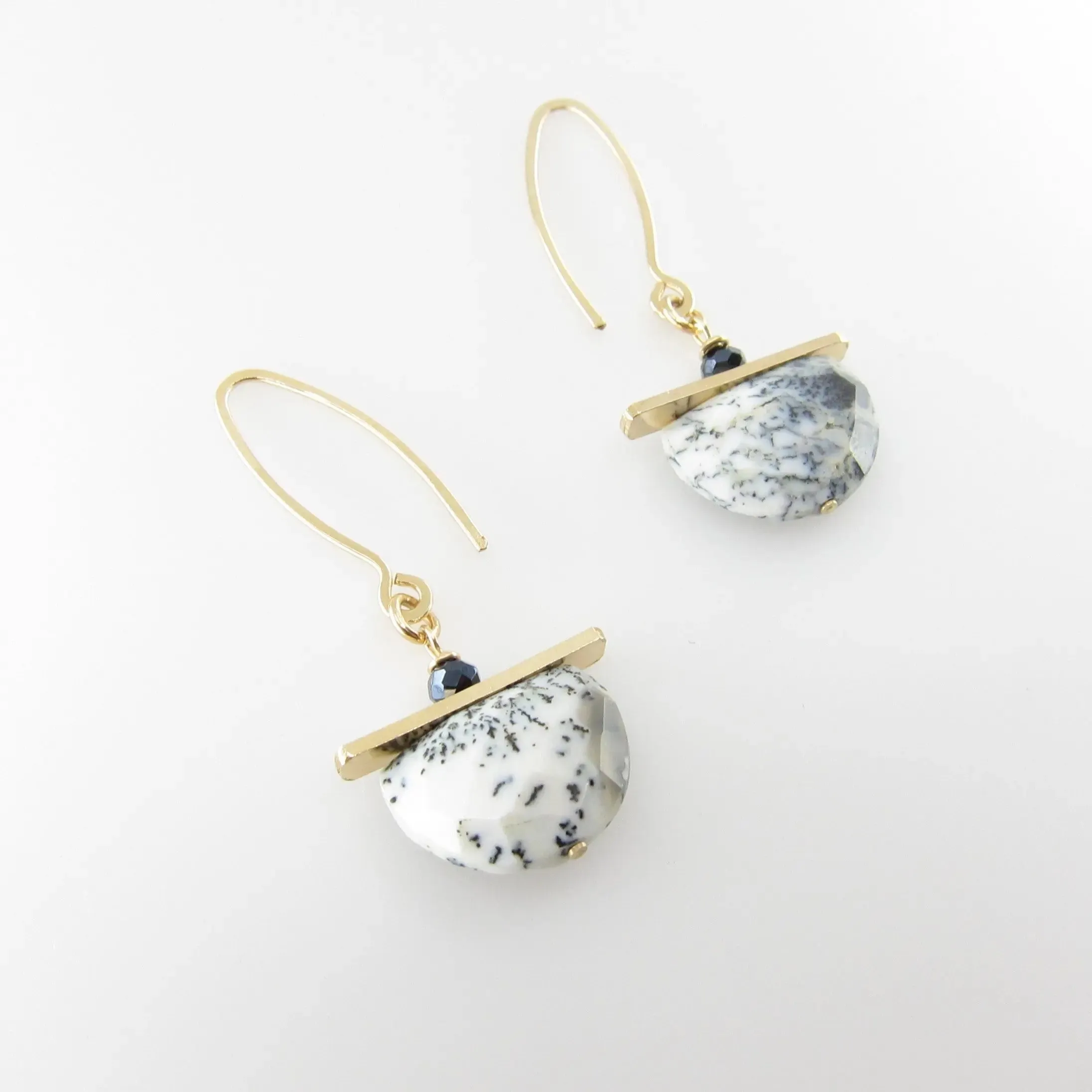Dendrite Opal Half Moon Cut Gemstone Earrings with Forged Bar Accent
