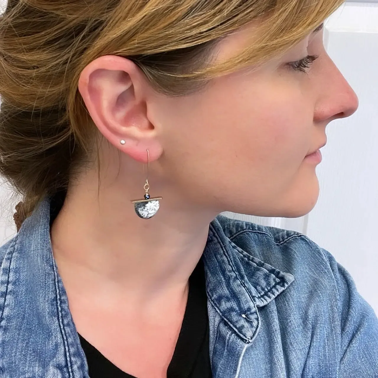 Dendrite Opal Half Moon Cut Gemstone Earrings with Forged Bar Accent