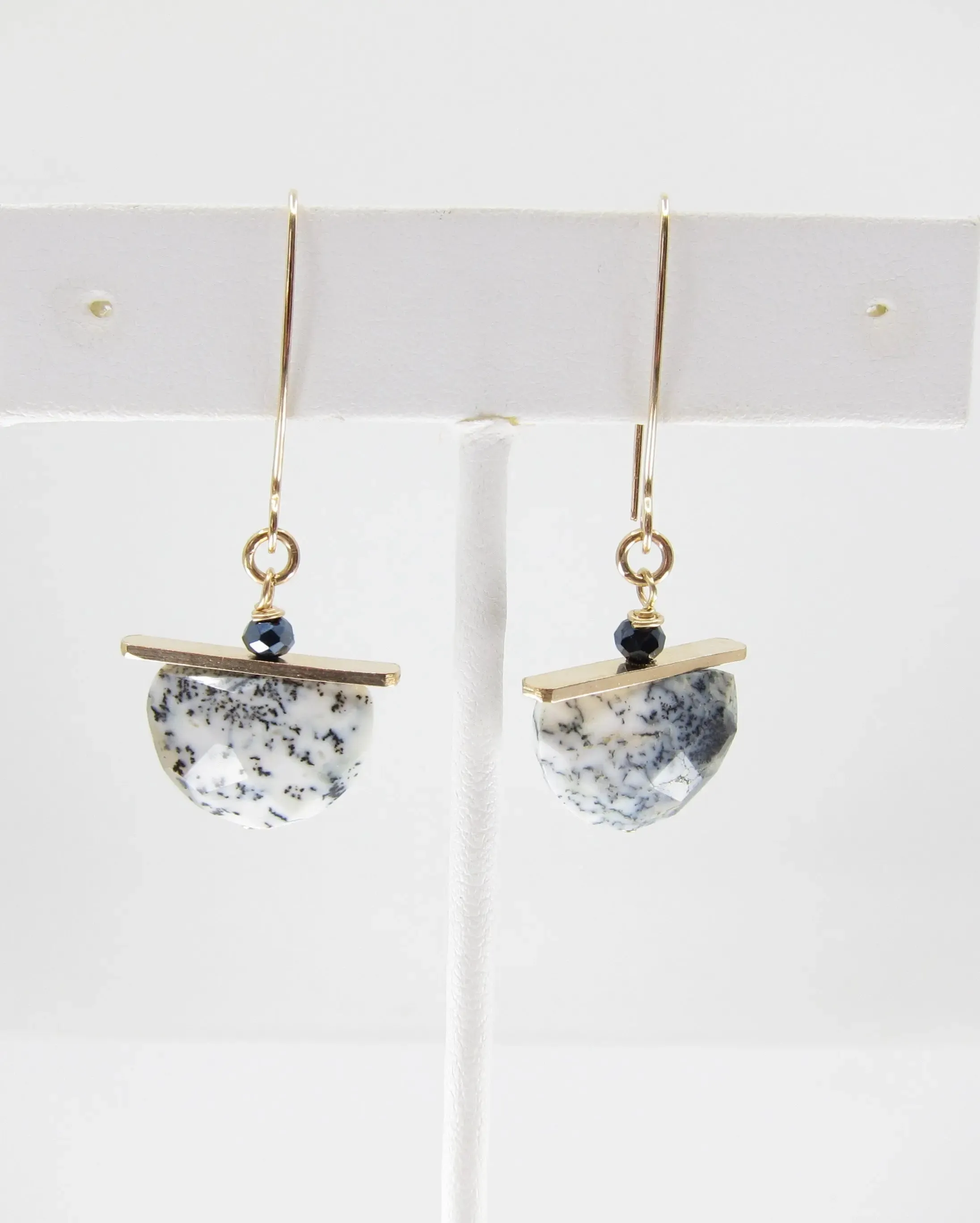 Dendrite Opal Half Moon Cut Gemstone Earrings with Forged Bar Accent