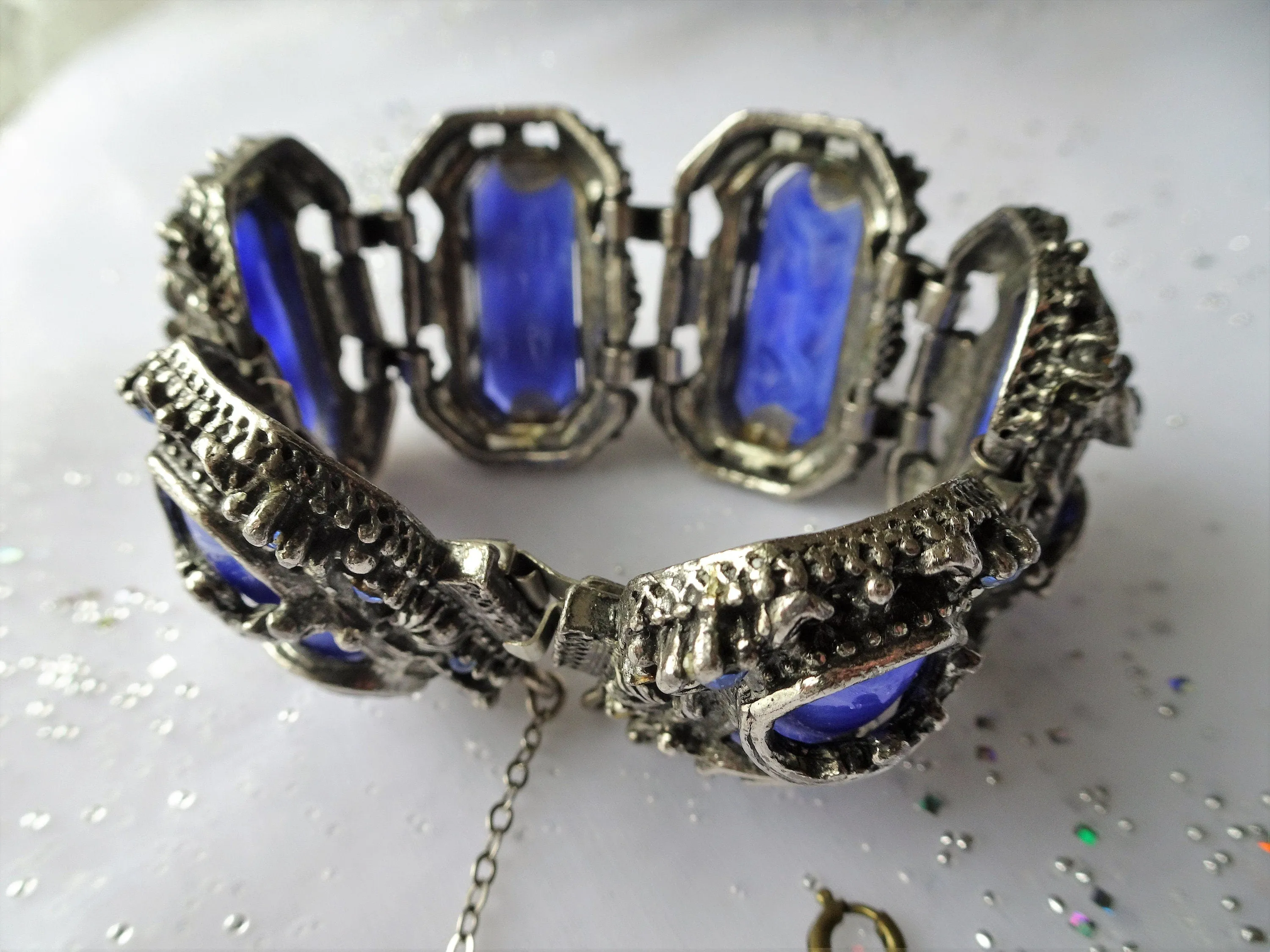 GORGEOUS Art Deco Bracelet,Art Glass Silver Metal Bracelet,Ornate Bracelet,Wide Cuff Bracelet,Blue Slag Glass,Collectible Vintage Jewelry