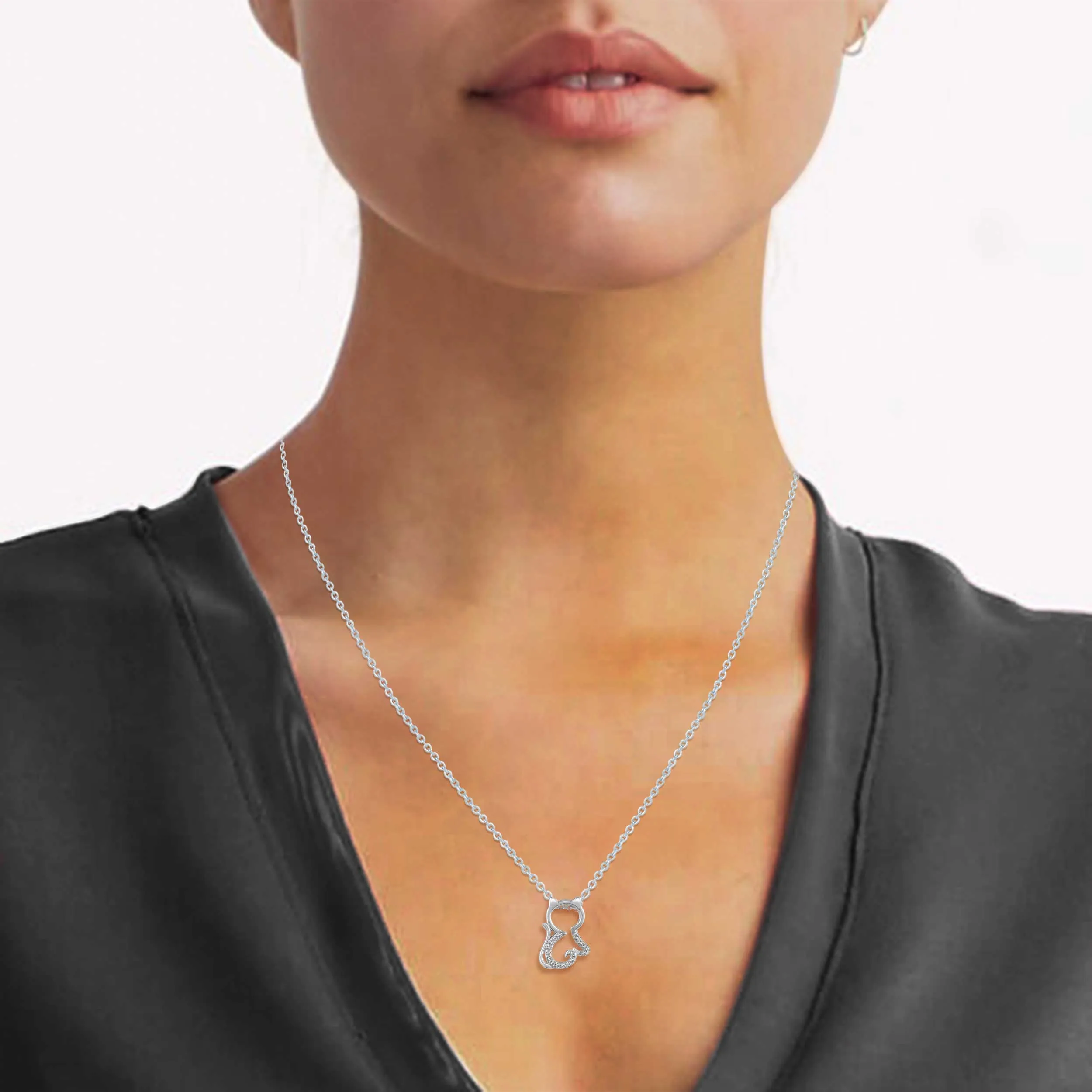 Kitty Cat 1/20 Cttw Natural Diamond Pendant Necklace set in 925 Sterling Silver