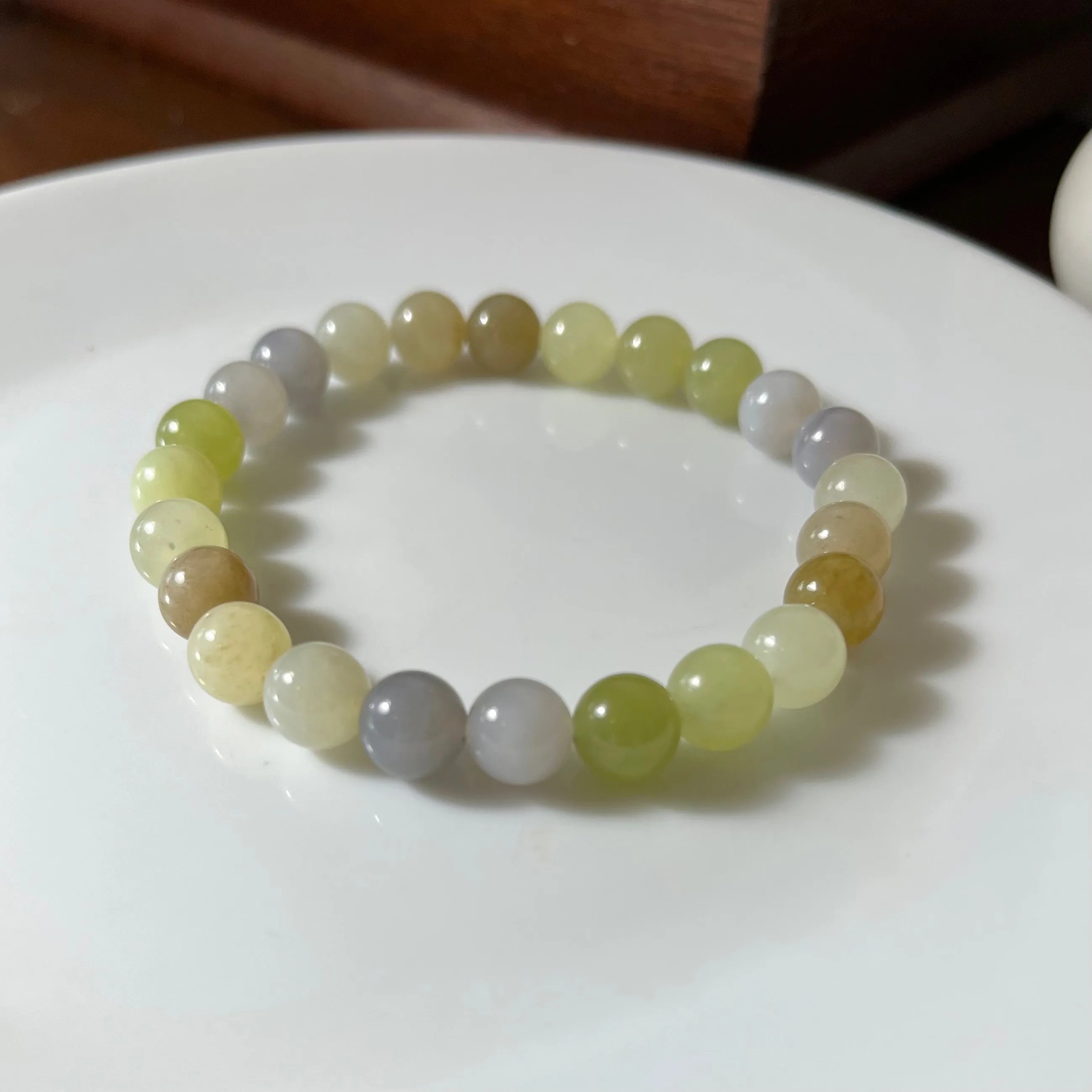 Multi-color genuine Hetian Jade nephrite jade Bracelet - 8mm beads 6.5 inches purple, yellow, green, brown, etc.
