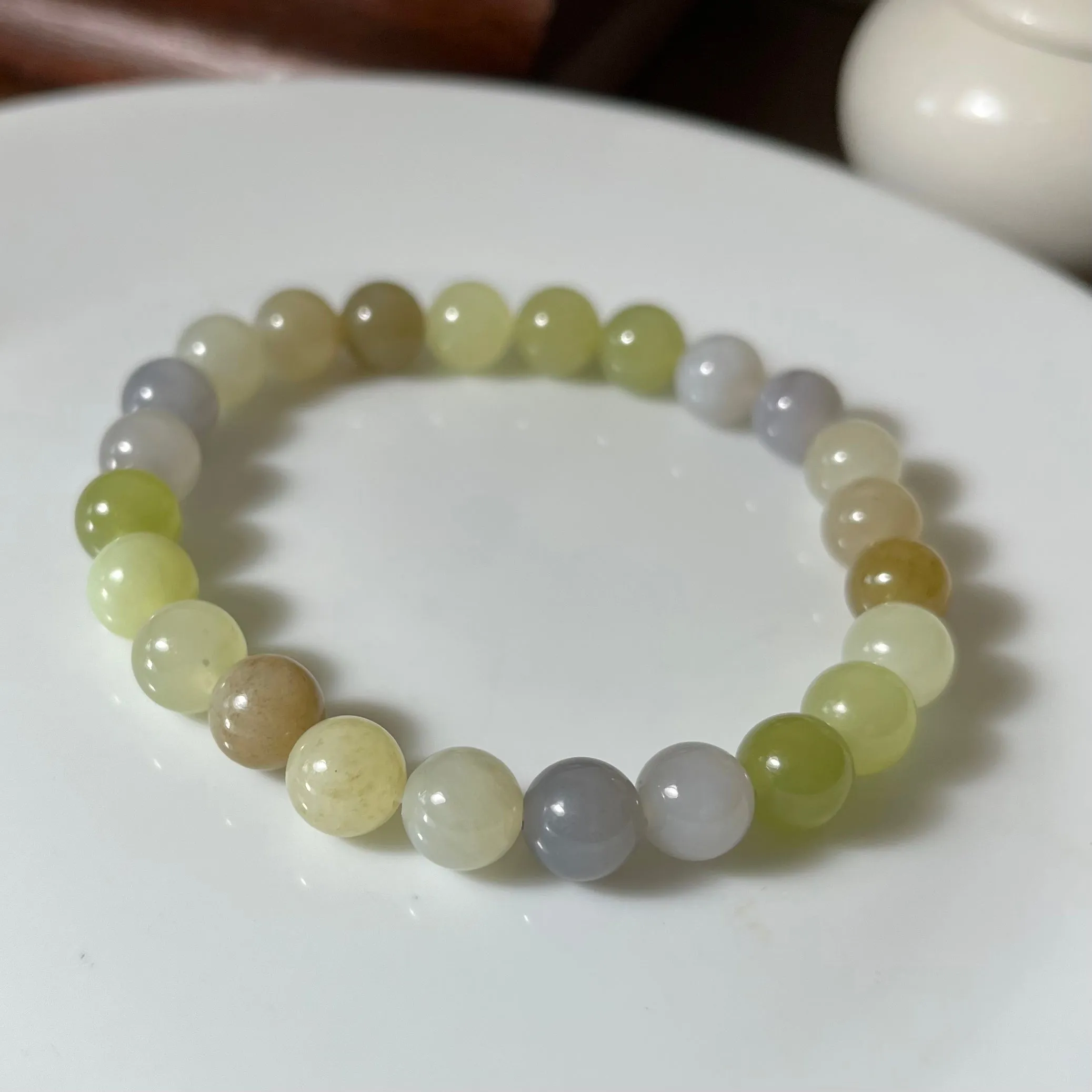 Multi-color genuine Hetian Jade nephrite jade Bracelet - 8mm beads 6.5 inches purple, yellow, green, brown, etc.