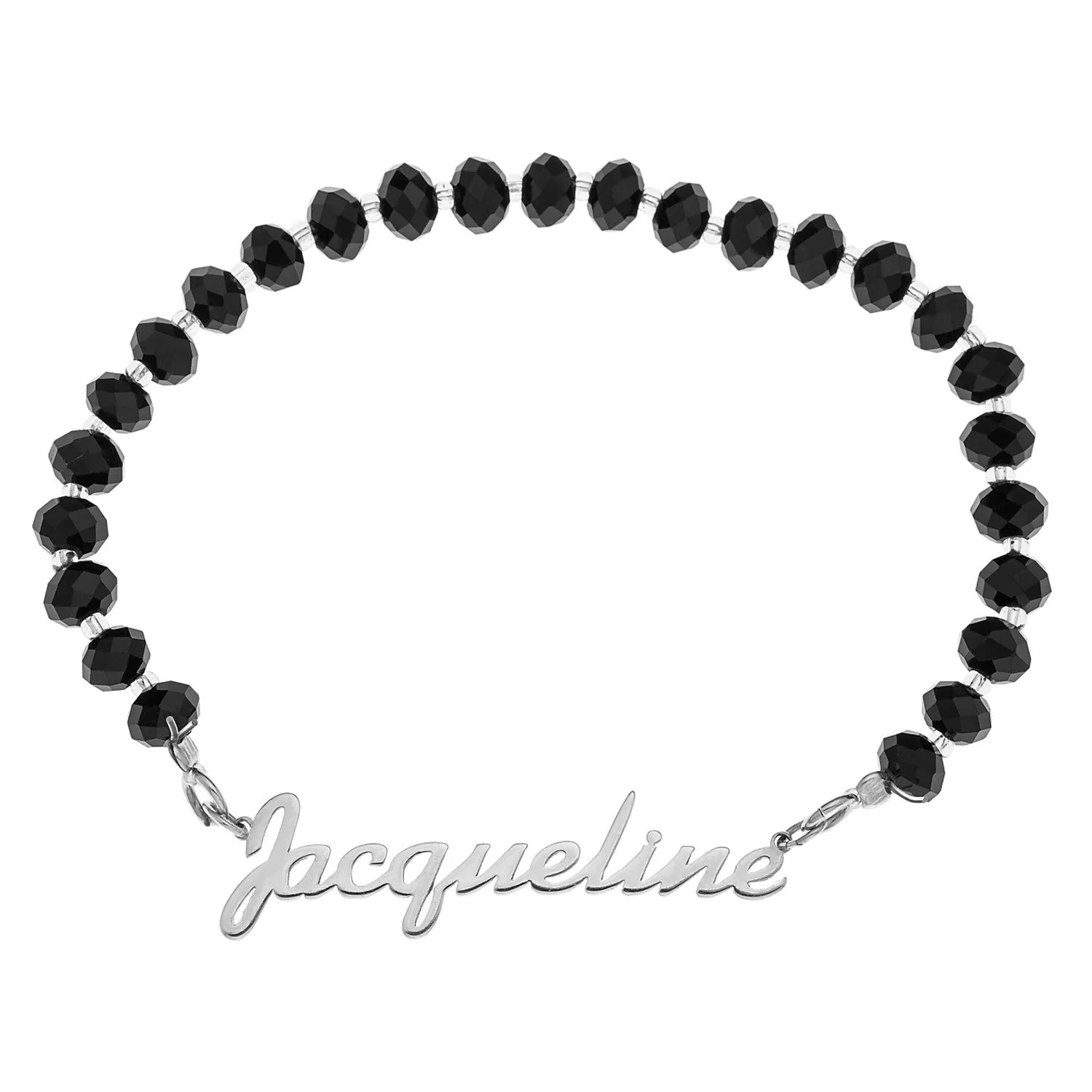 NAME CRYSTAL BEADED STRETCH BRACELET BLACK - STERLING SILVER