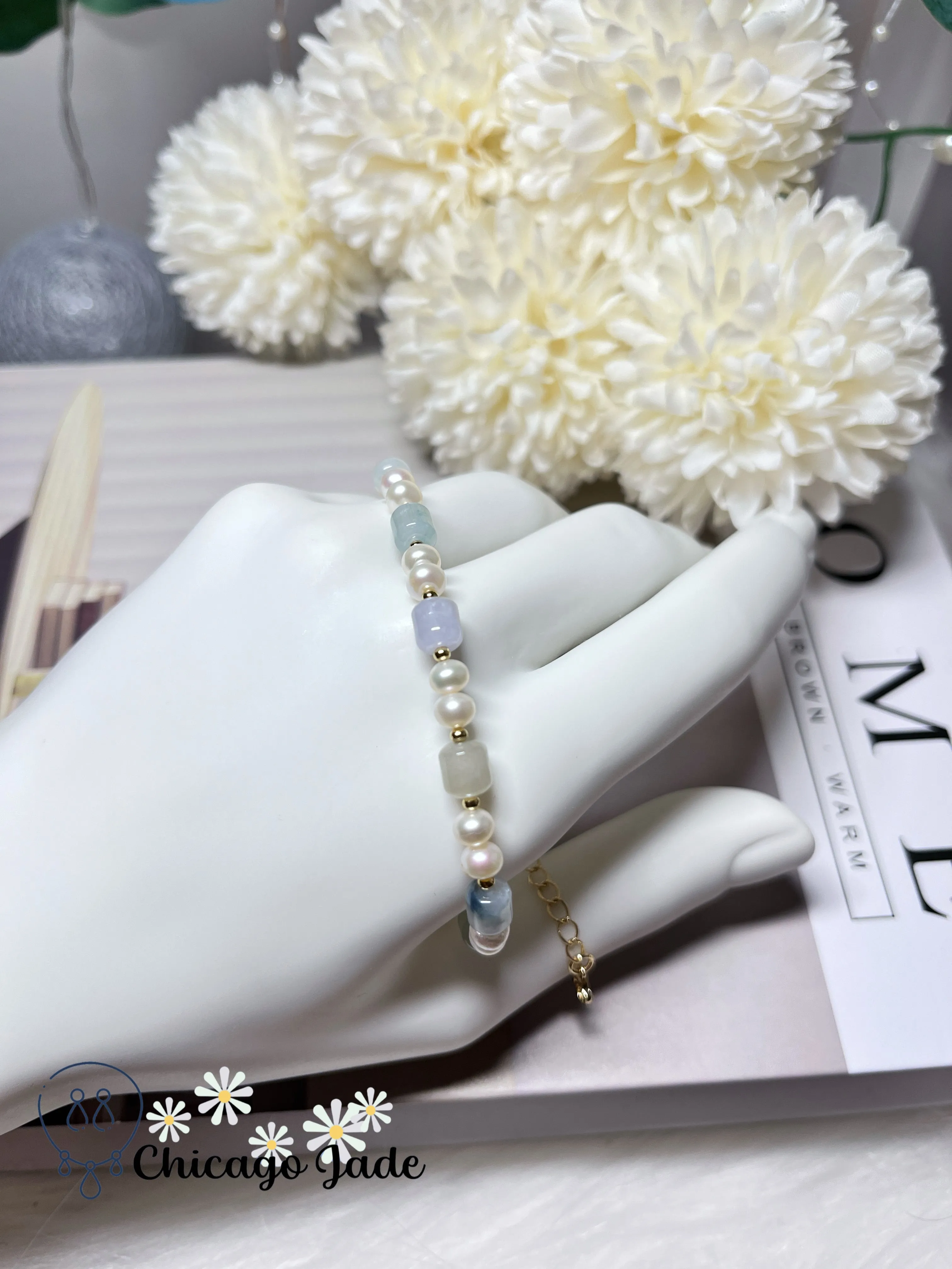 Natural Grade A Authentic Untreated Burma Jadeite Jade Feicui Beads with Freshwater Pearls Handmade Bracelet