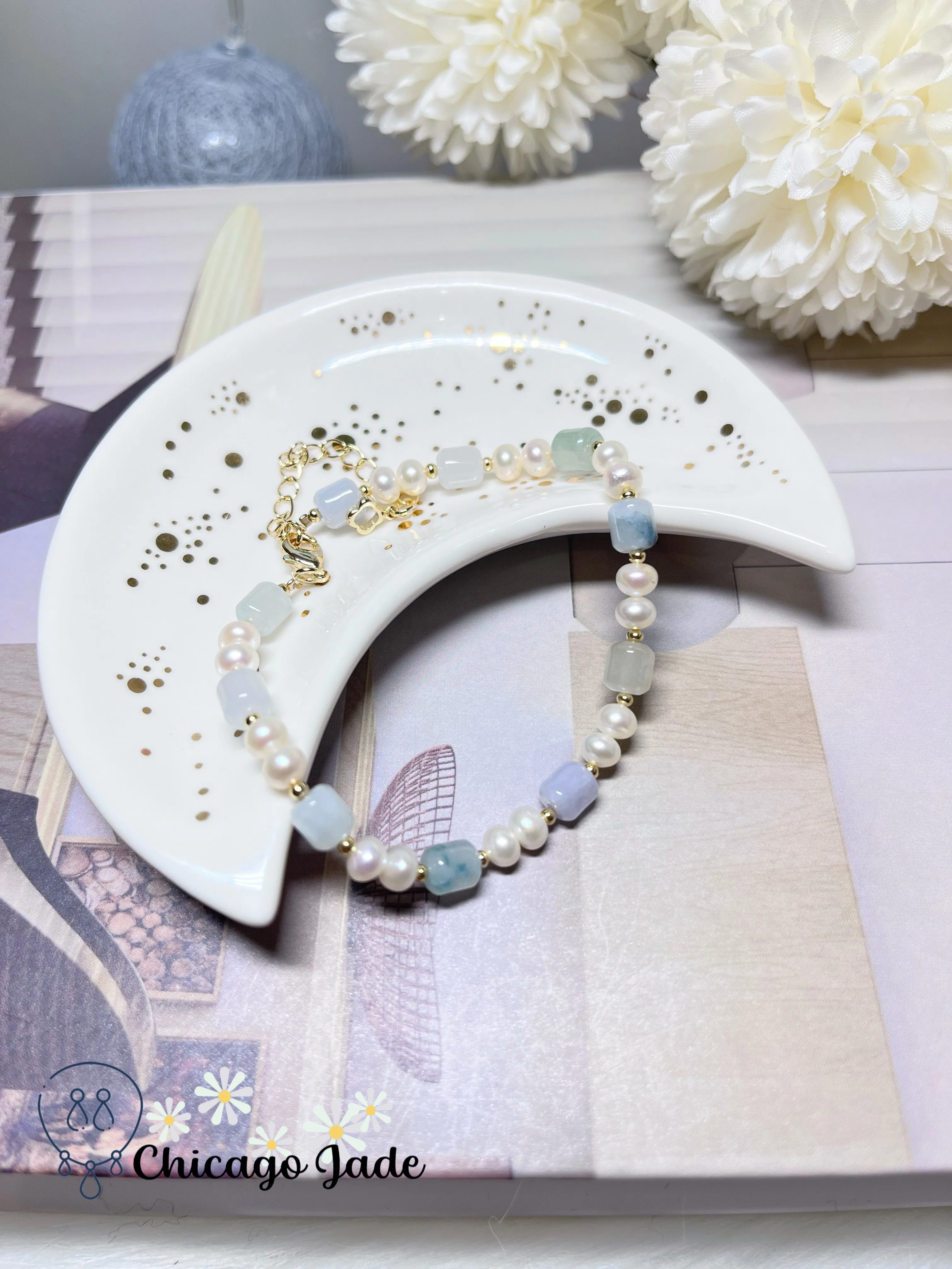 Natural Grade A Authentic Untreated Burma Jadeite Jade Feicui Beads with Freshwater Pearls Handmade Bracelet